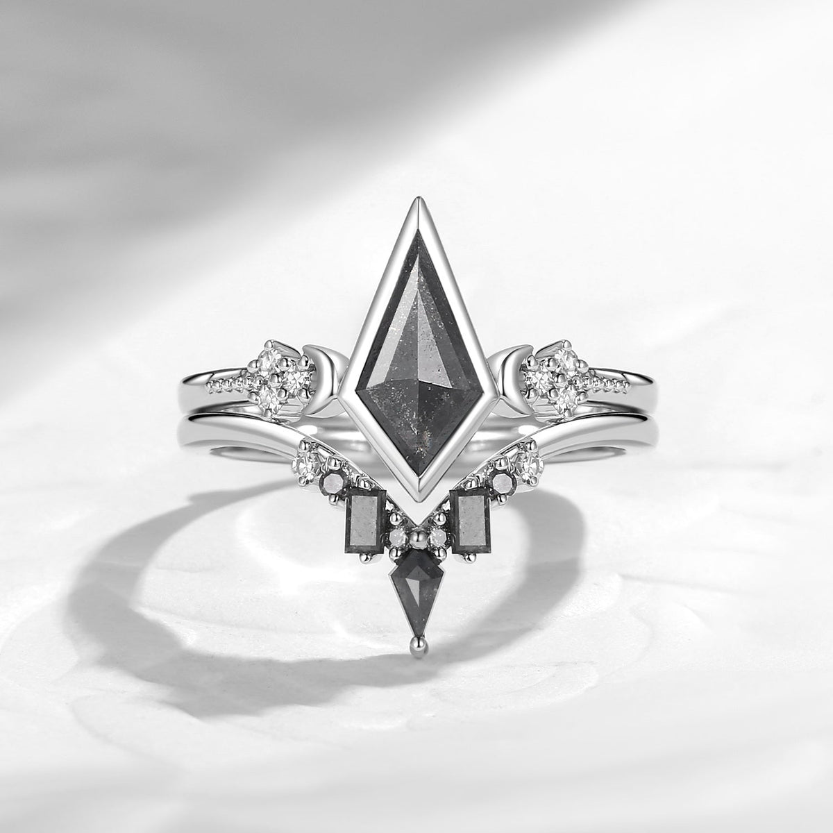 'Pure Moon' - Art-Deco Bezel Kite Cut Salt & Pepper Diamond Crescent Moon Engagement Ring Set