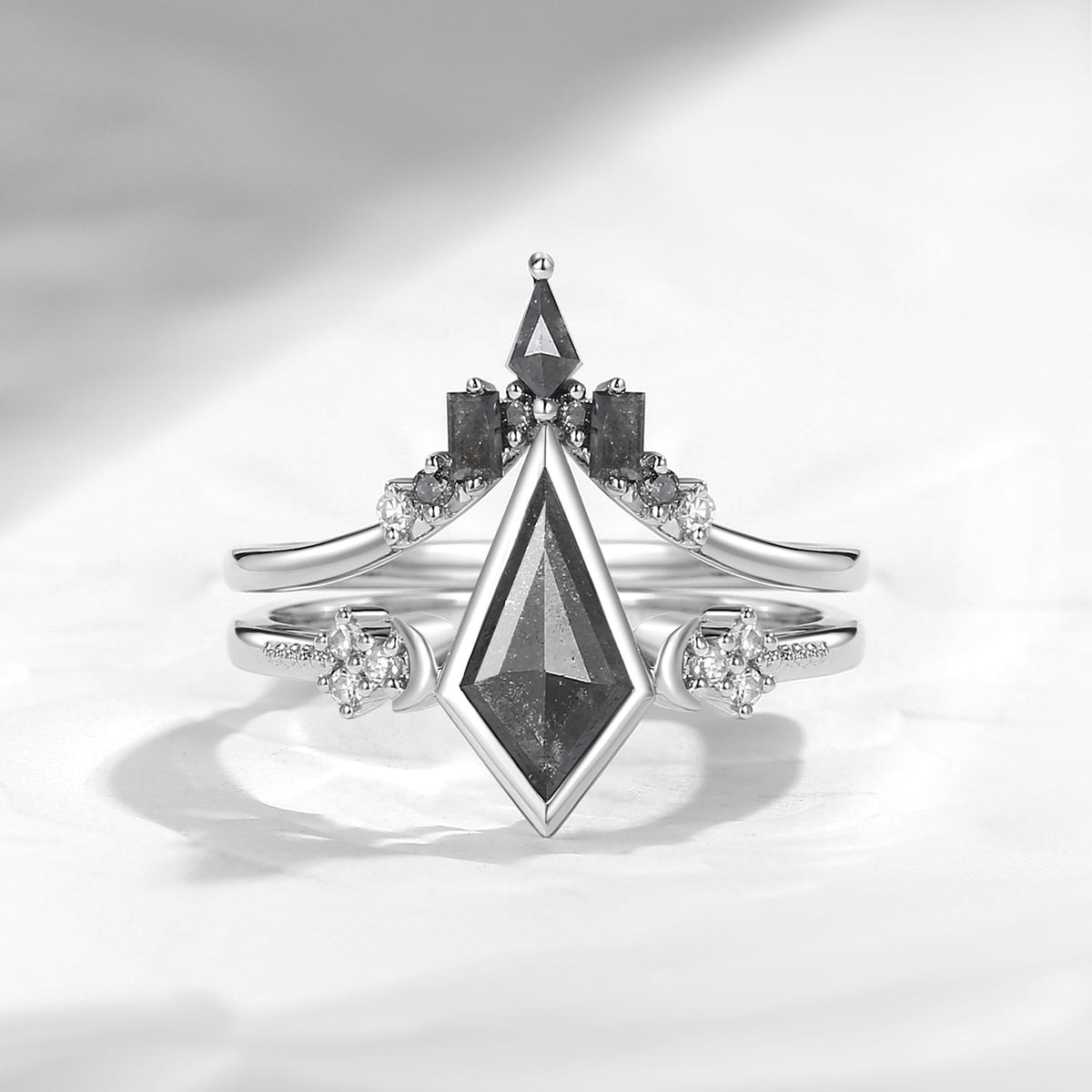 'Pure Moon' - Art-Deco Bezel Kite Cut Salt & Pepper Diamond Crescent Moon Engagement Ring Set