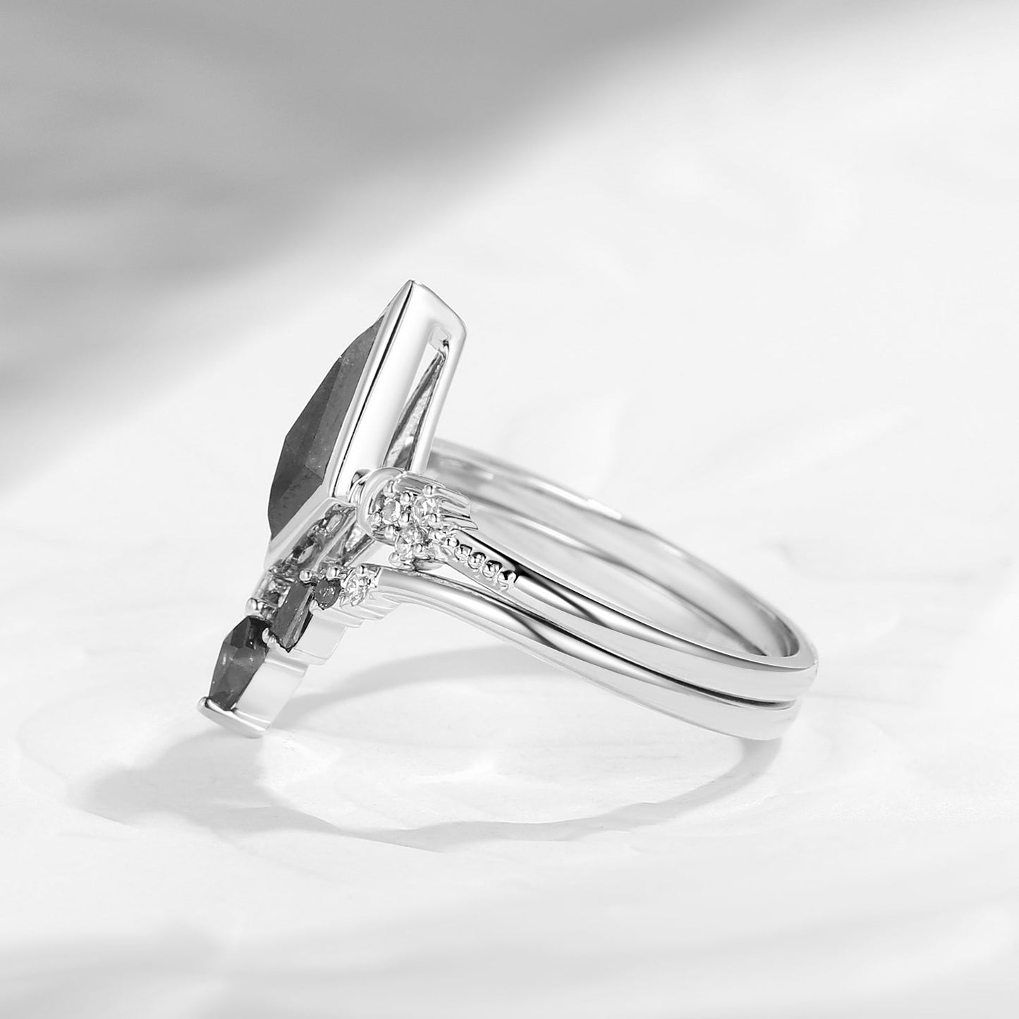 'Pure Moon' - Art-Deco Bezel Kite Cut Salt & Pepper Diamond Crescent Moon Engagement Ring Set