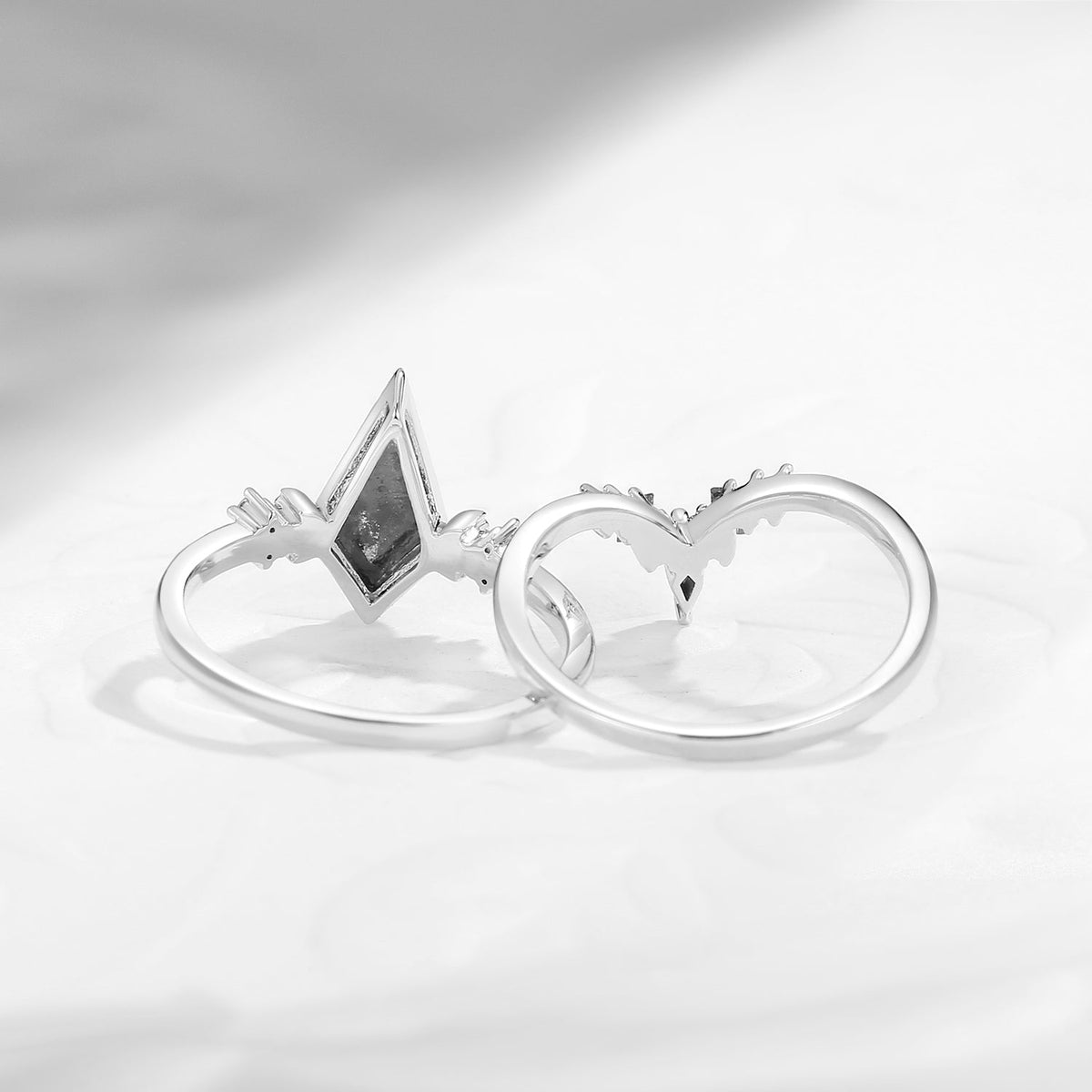 'Pure Moon' - Art-Deco Bezel Kite Cut Salt & Pepper Diamond Crescent Moon Engagement Ring Set