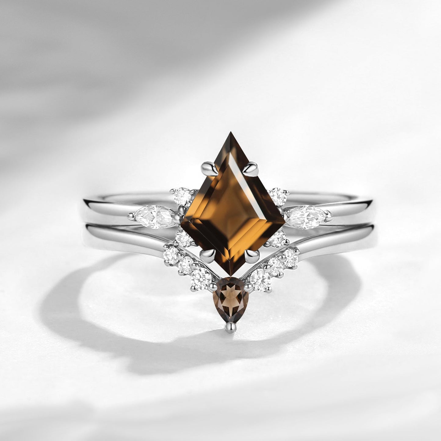 Classic Kite Cut Natural Smokey Quartz Engagement Ring 2pcs
