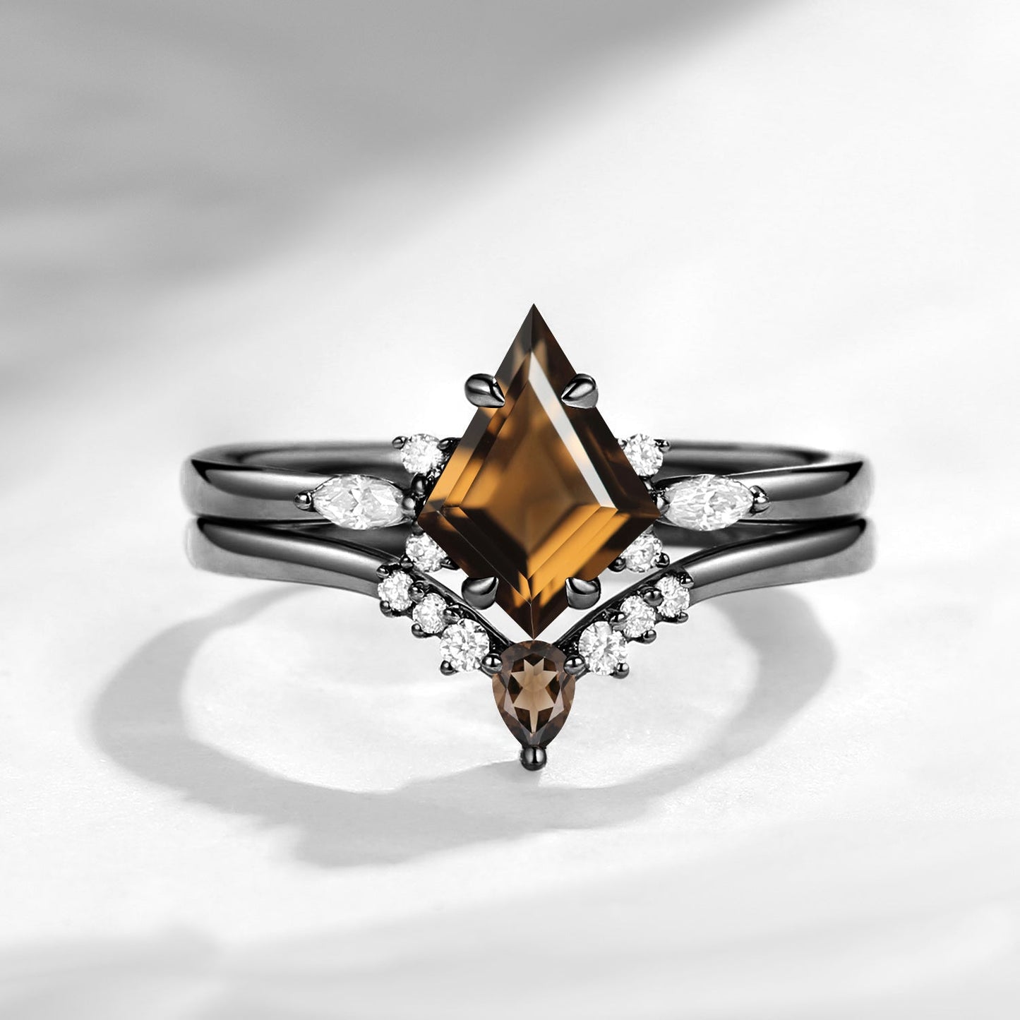 Classic Kite Cut Natural Smokey Quartz Engagement Ring 2pcs