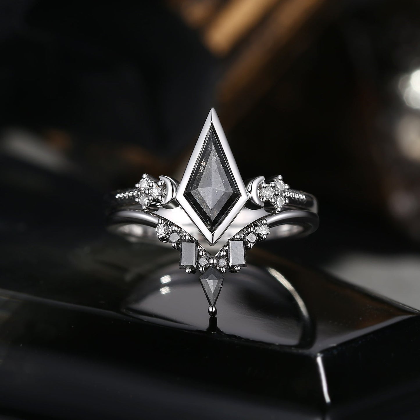 'Pure Moon' - Art-Deco Bezel Kite Cut Salt & Pepper Diamond Crescent Moon Engagement Ring Set