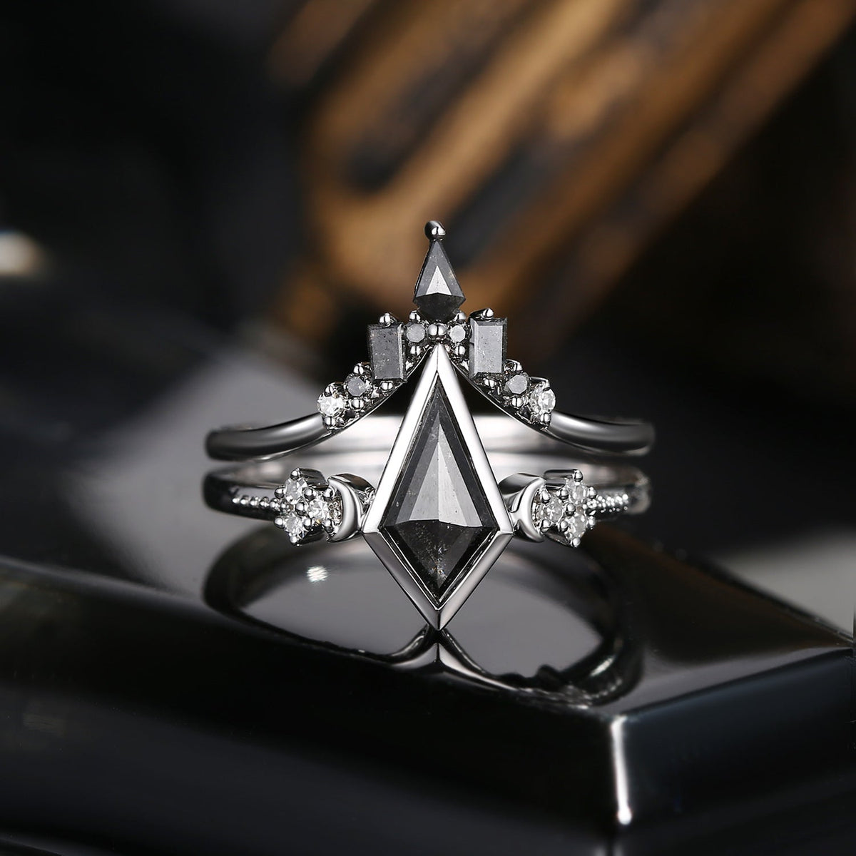 'Pure Moon' - Art-Deco Bezel Kite Cut Salt & Pepper Diamond Crescent Moon Engagement Ring Set