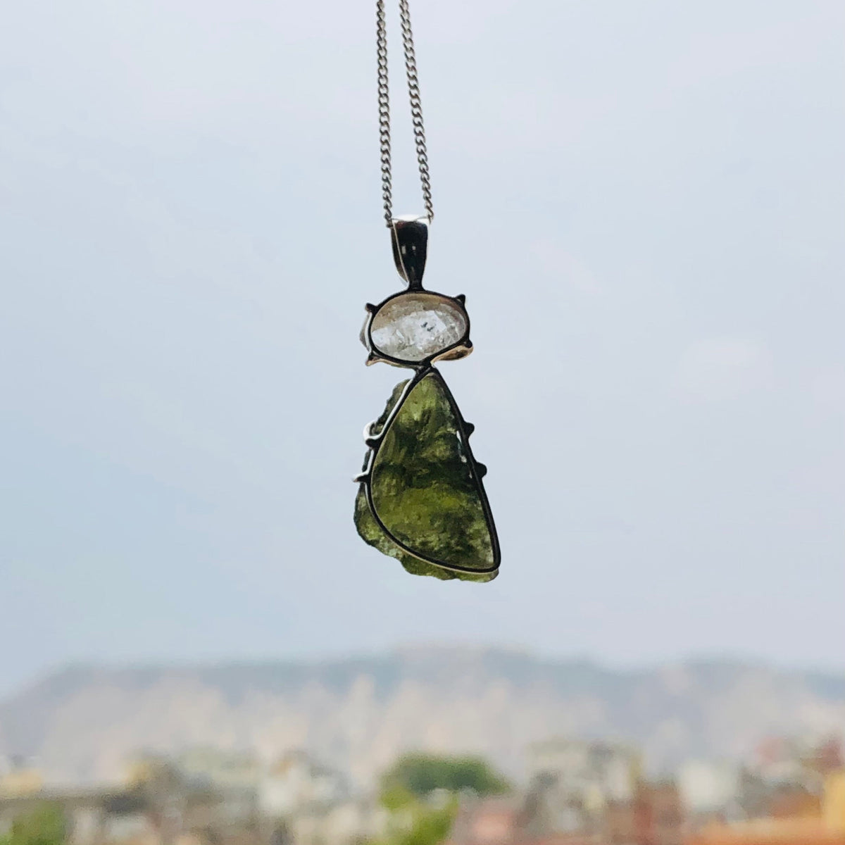 Genuine Moldavite & Herkimer Rough Pendant,  925 Sterling Silver Handmade Pendant, Moldavite Gemstone Pendant, Gift For Women's