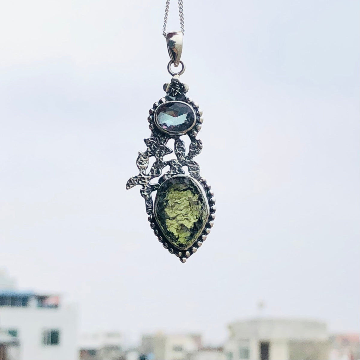 Genuine Moldavite & Mystic Topaz Pendant,  925 Sterling Silver Handmade Pendant, Moldavite Gemstone Pendant, Gift For Women's