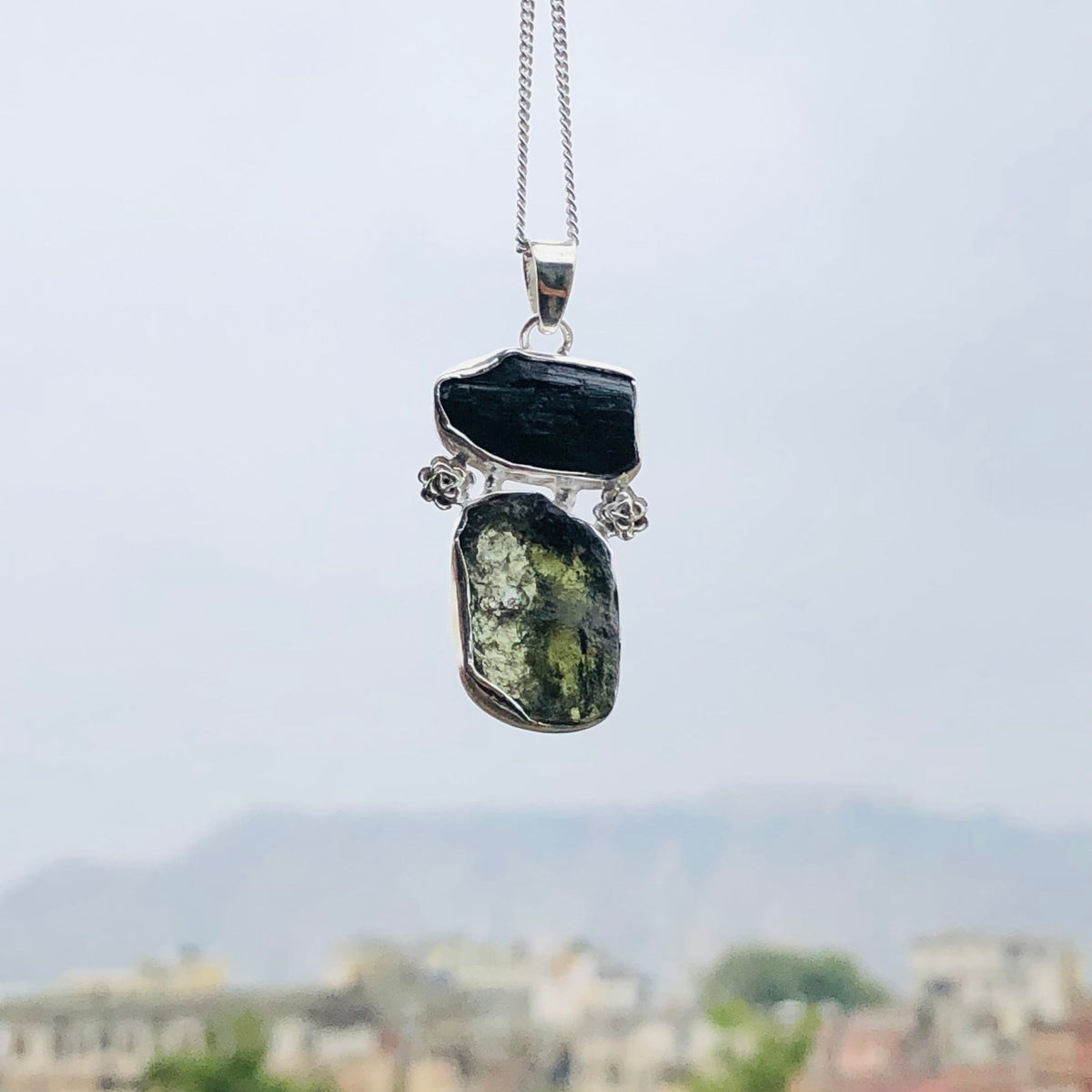 Genuine Moldavite & Black Tourmaline Rough Pendant,  925 Sterling Silver Handmade Pendant, Moldavite Gemstone Pendant, Gift For Women's