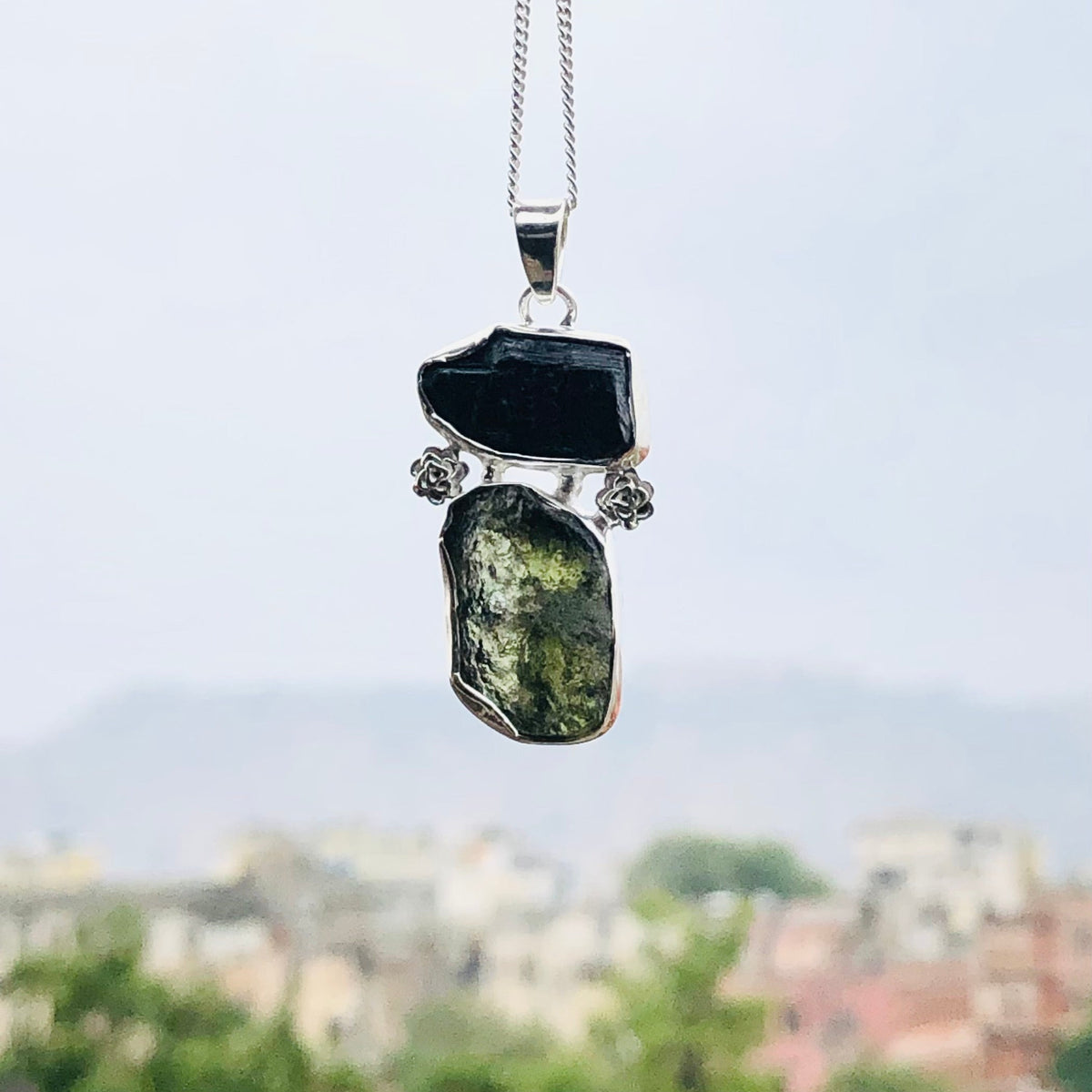 Genuine Moldavite & Black Tourmaline Rough Pendant,  925 Sterling Silver Handmade Pendant, Moldavite Gemstone Pendant, Gift For Women's