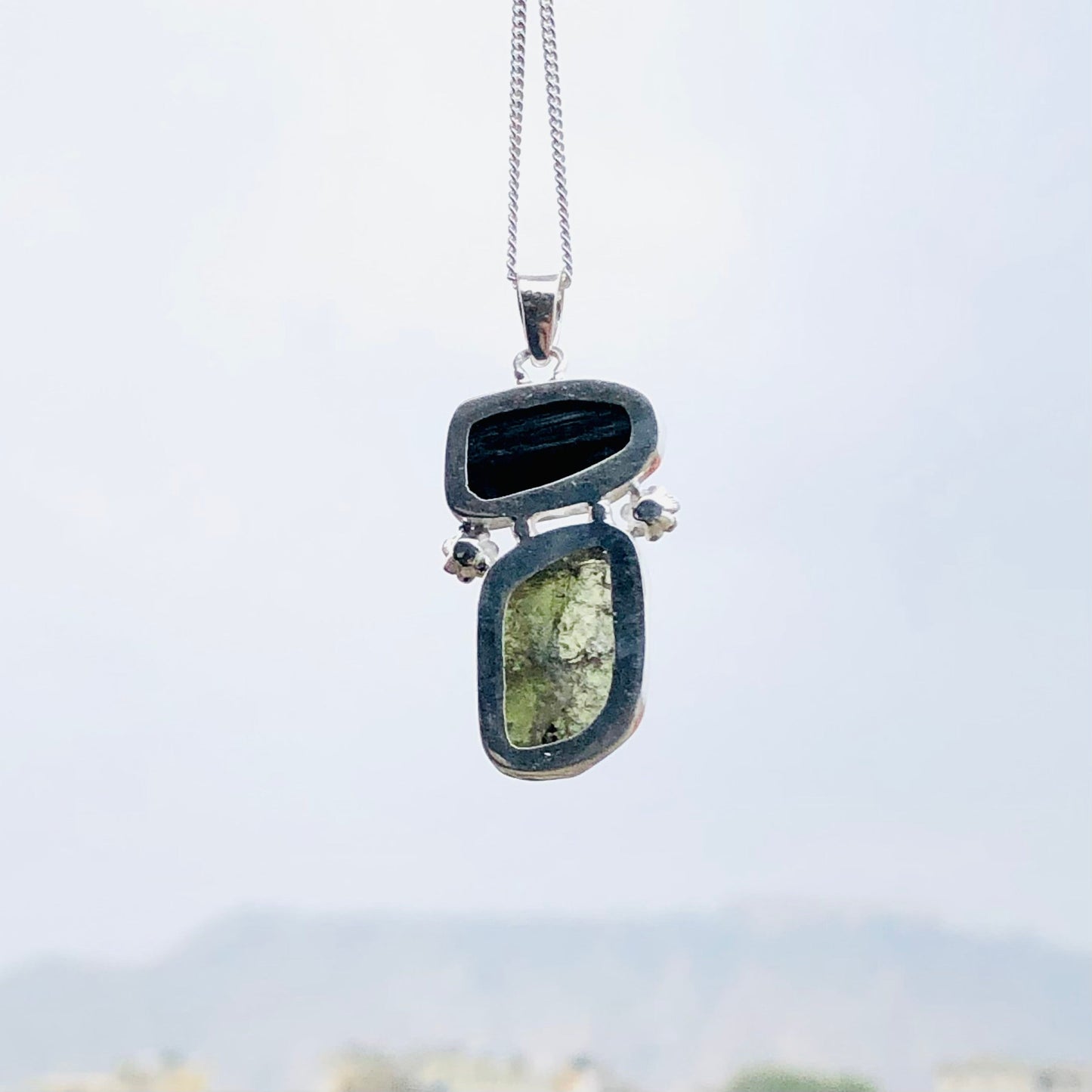 Genuine Moldavite & Black Tourmaline Rough Pendant,  925 Sterling Silver Handmade Pendant, Moldavite Gemstone Pendant, Gift For Women's
