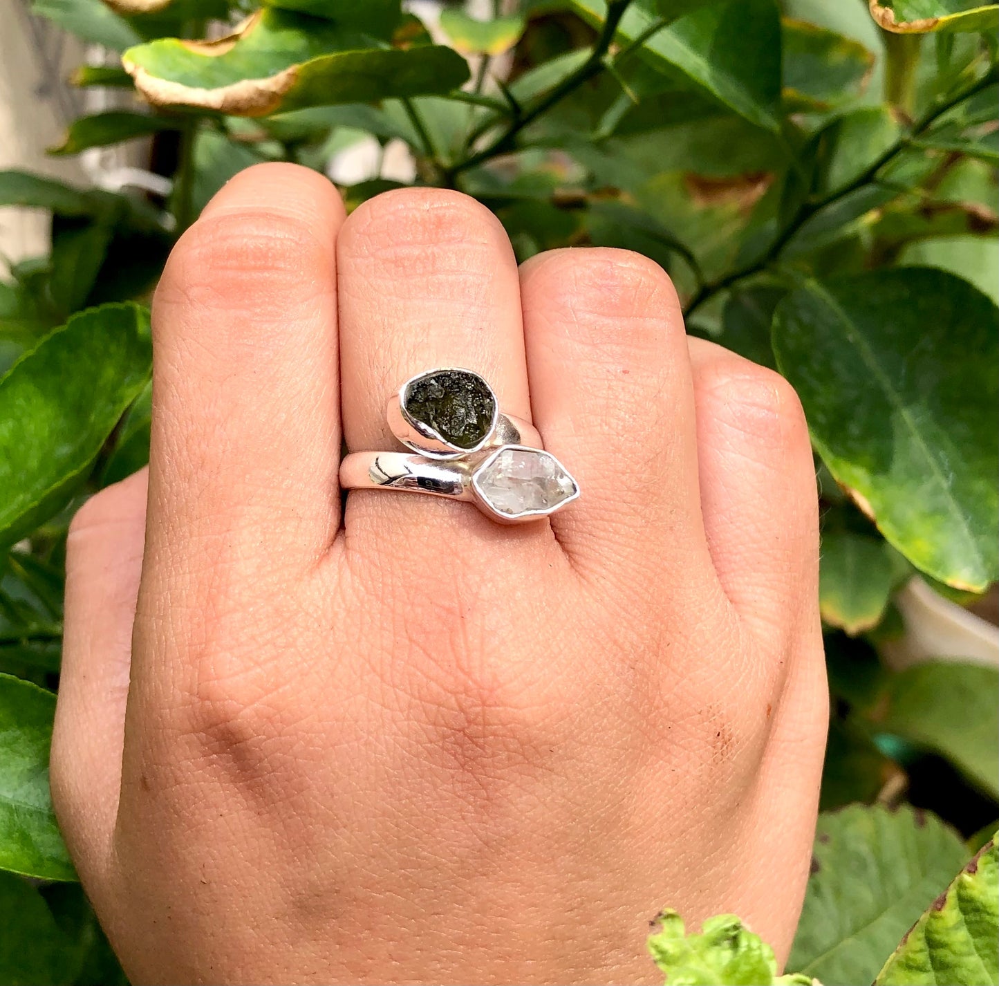 Czech Republic Moldavite Ring , Herkimer Diamond Ring, Natural Gemstone 925 Solid Sterling Silver Handmade Jewelry Ring, Gift For Her
