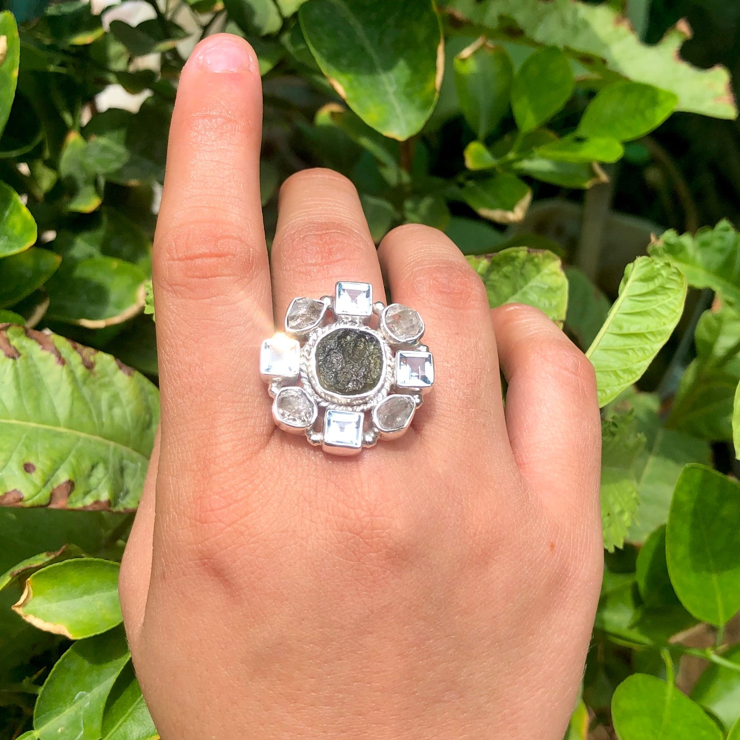 Czech Republic Moldavite Ring , Herkimer Diamond Ring, Natural Gemstone 925 Solid Sterling Silver Handmade Jewelry Ring, Blue Topaz Ring