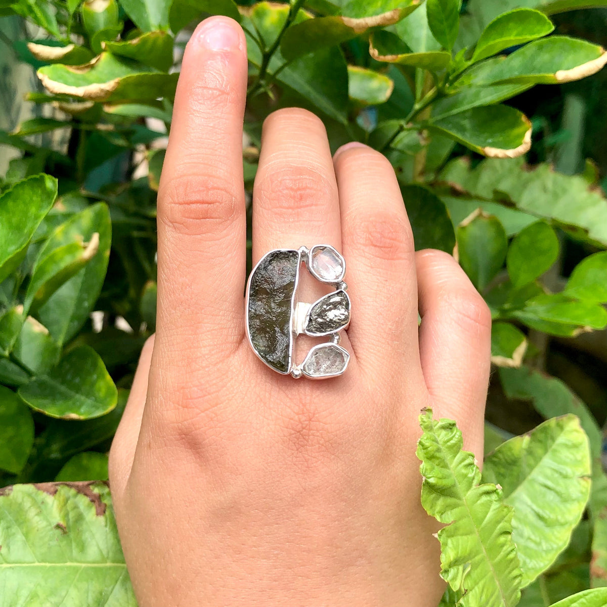 Natural Raw Moldavite, Herkimer Diamond and Meteorite Gemstone Ring 925 Solid Sterling Silver Handmade Jewelry Ring Gift For Mother