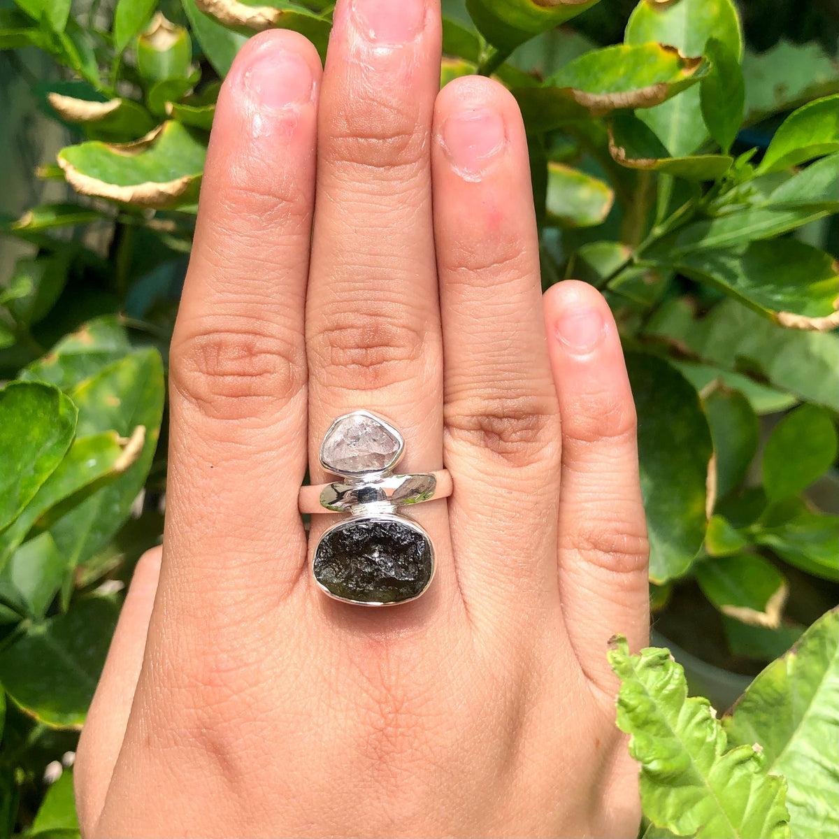 Czech Republic Moldavite Ring , Herkimer Diamond Ring, Natural Gemstone 925 Solid Sterling Silver Handmade Jewelry Ring, Gift For Her