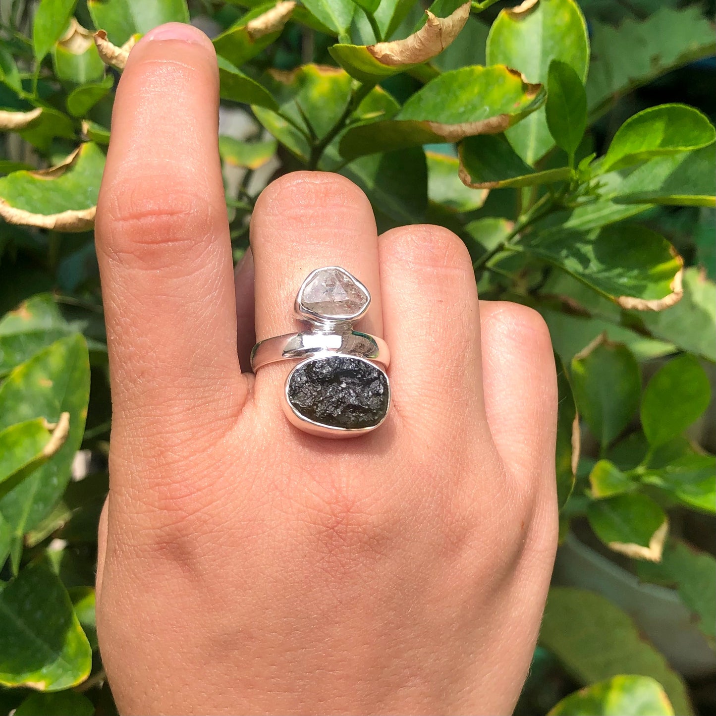 Czech Republic Moldavite Ring , Herkimer Diamond Ring, Natural Gemstone 925 Solid Sterling Silver Handmade Jewelry Ring, Gift For Her