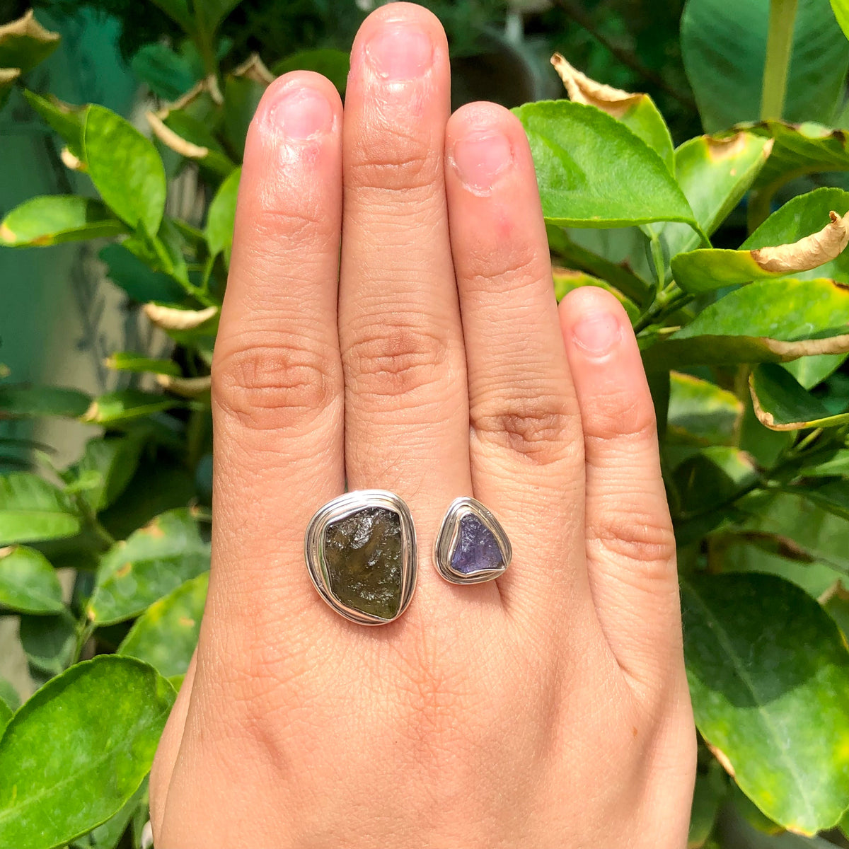 Certified Moldavite Ring, Raw Moldavite &amp; Tanzanite Ring, 925 Solid Sterling Silver,Moldavite jewelry, Czech Republic Ring, Adjustable Ring