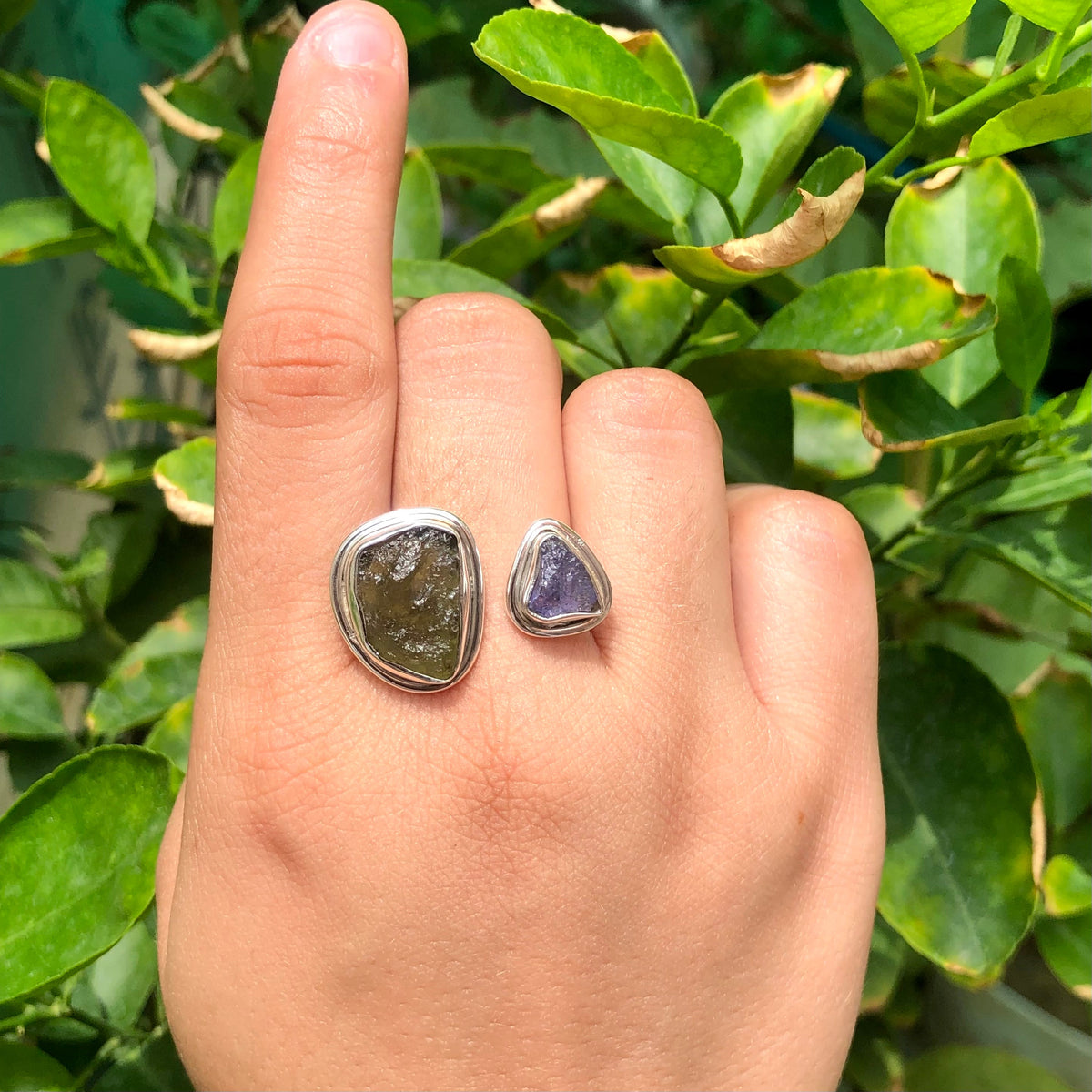 Certified Moldavite Ring, Raw Moldavite &amp; Tanzanite Ring, 925 Solid Sterling Silver,Moldavite jewelry, Czech Republic Ring, Adjustable Ring