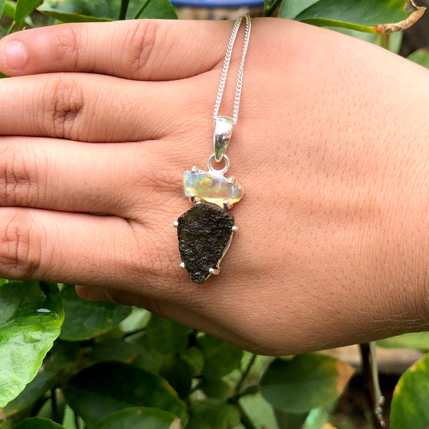 Genuine Moldavite & Opal Rough Pendant,  925 Sterling Silver Handmade Pendant, Moldavite Gemstone Pendant, Gift For Women's
