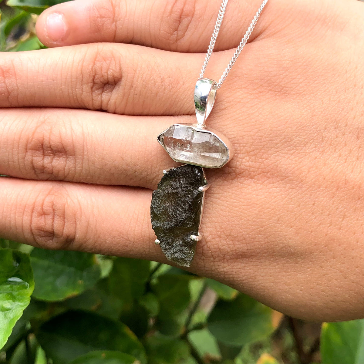 Genuine Moldavite & Herkimer Rough Pendant,  925 Sterling Silver Handmade Pendant, Moldavite Gemstone Pendant, Gift For Women's