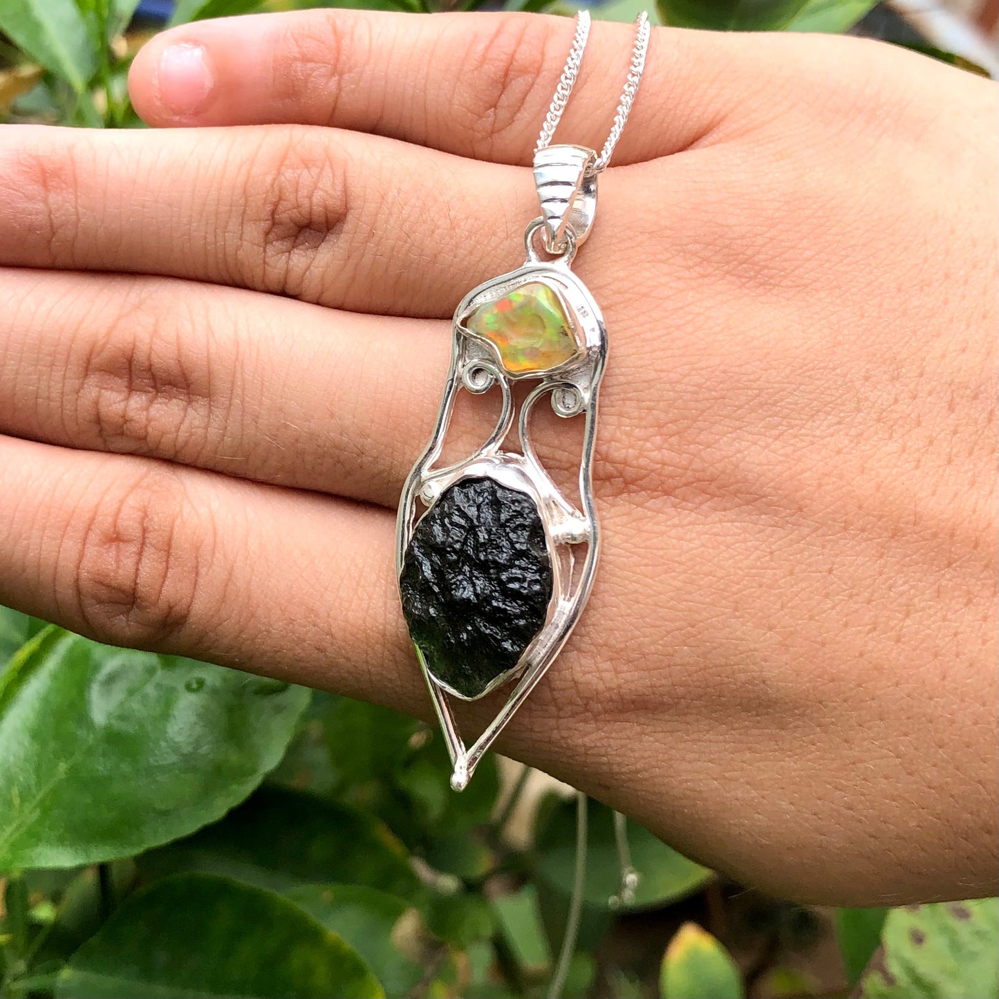 Genuine Moldavite & Opal Rough Pendant,  925 Sterling Silver Handmade Pendant, Moldavite Gemstone Pendant, Gift For Women's