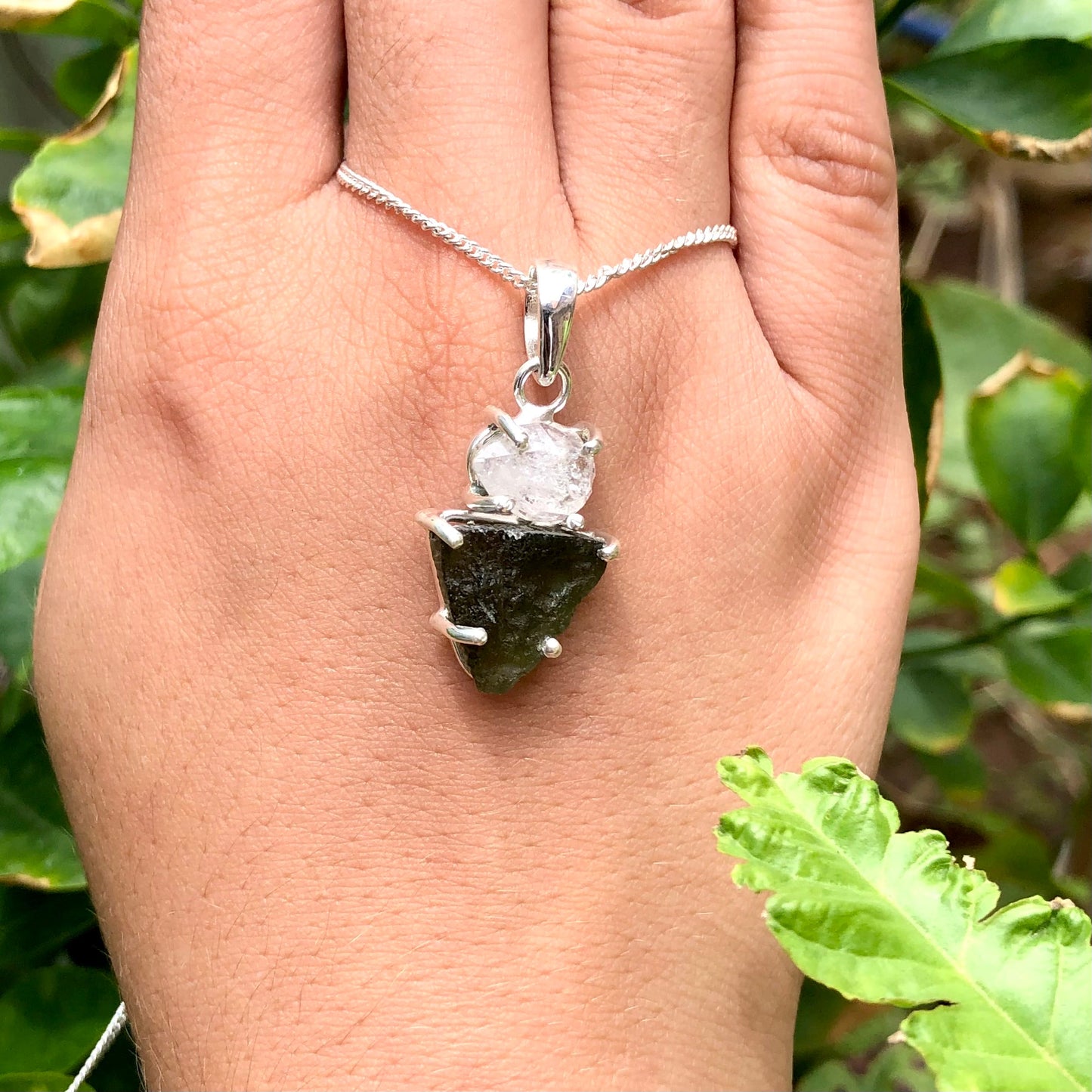 Genuine Moldavite & Herkimer Rough Pendant,  925 Sterling Silver Handmade Pendant, Moldavite Gemstone Pendant, Gift For Women's