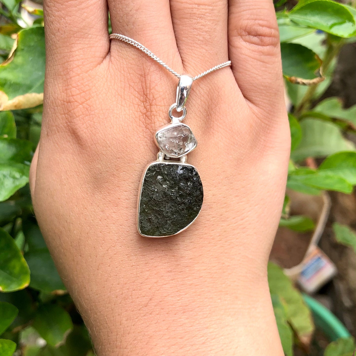 Genuine Moldavite & Herkimer Rough Pendant,  925 Sterling Silver Handmade Pendant, Moldavite Gemstone Pendant, Gift For Women's