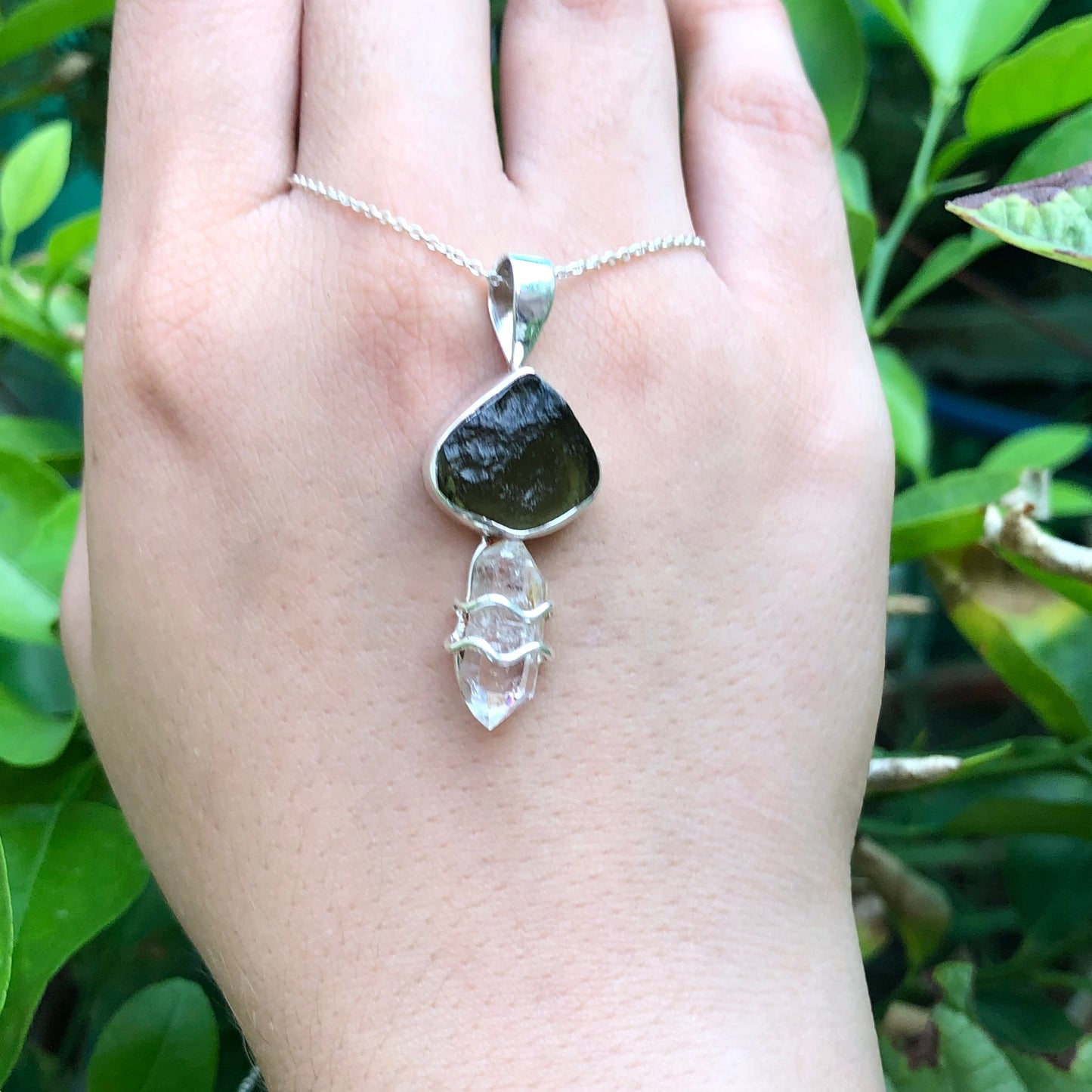 Genuine Moldavite & Herkimer Rough Pendant,  925 Sterling Silver Handmade Pendant, Moldavite Gemstone Pendant, Gift For Women's