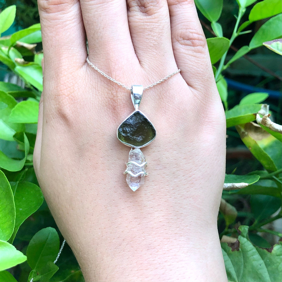 Genuine Moldavite & Herkimer Rough Pendant,  925 Sterling Silver Handmade Pendant, Moldavite Gemstone Pendant, Gift For Women's