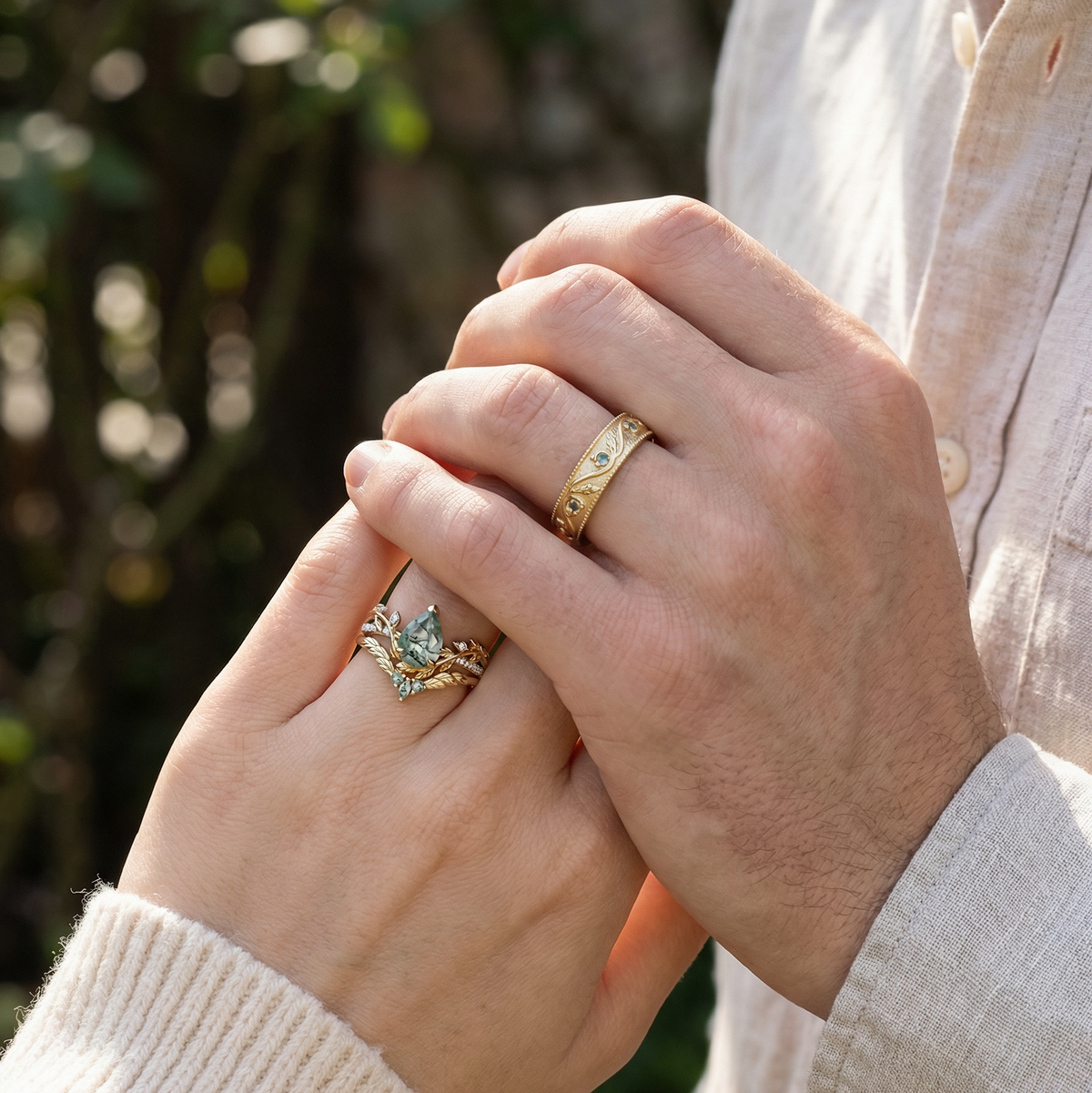 Marguerite’s Garland | Pear Cut Moss Agate Couple’s Ring Set 3pcs