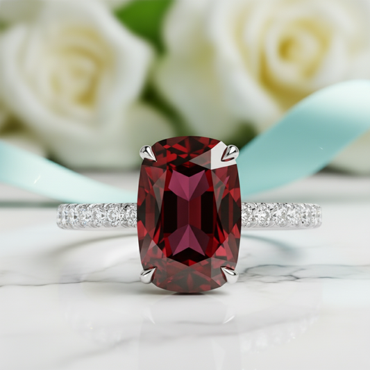 2.90 Ct Old Mine Cut Garnet 18K White Gold Engagement Ring