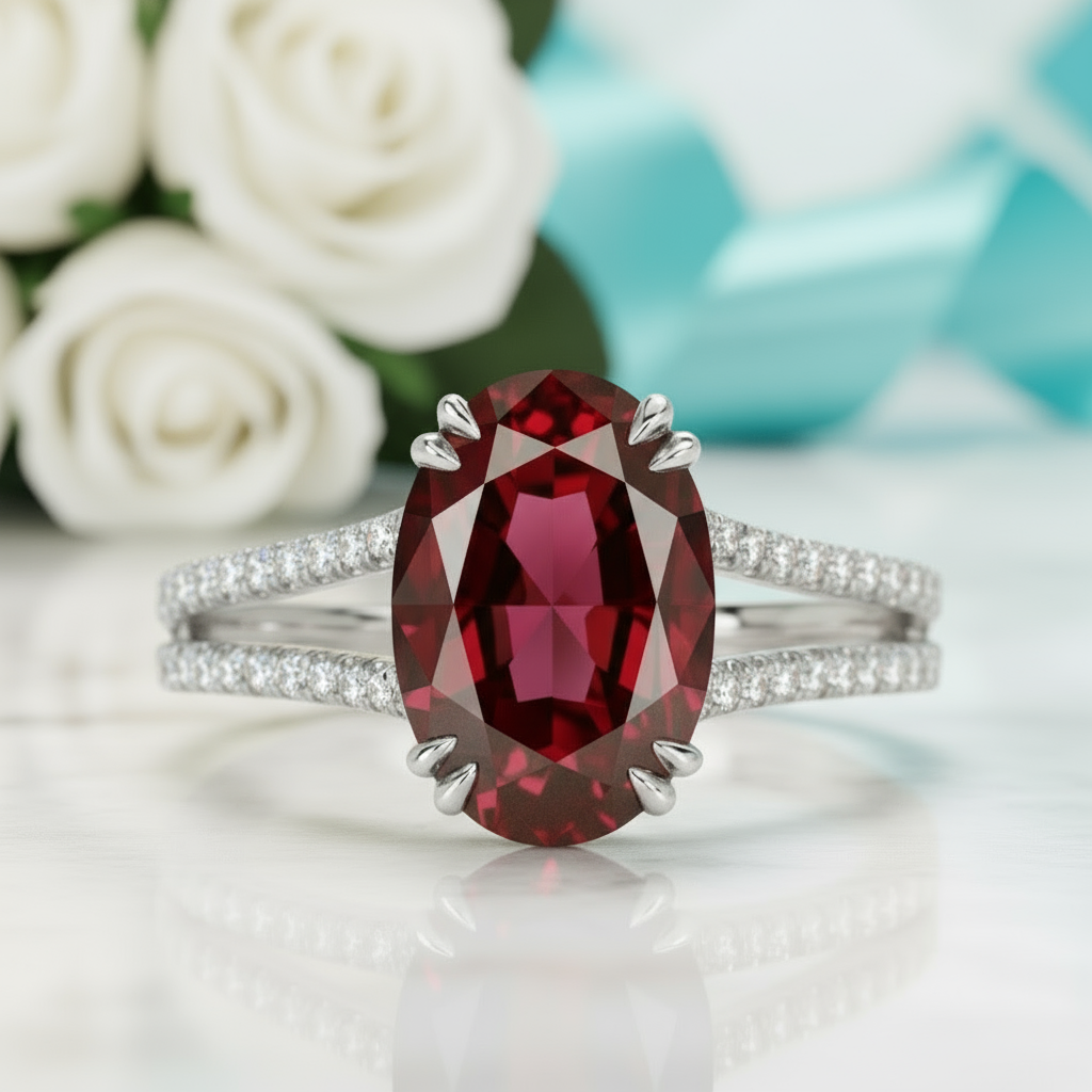 2.90 Ct Ruby Oval Cut Split Shank Engagement Ring