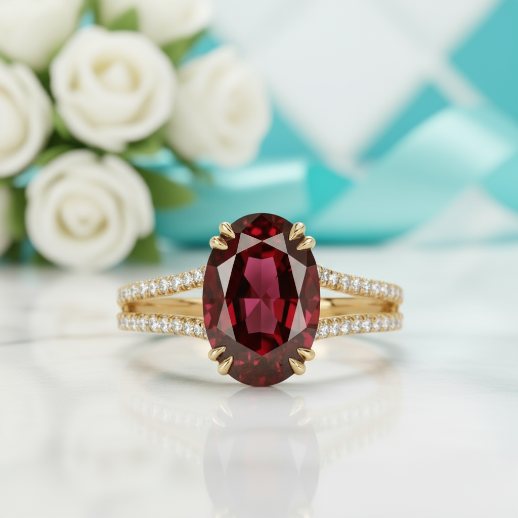 2.90 Ct Garnet Oval Cut Split Shank Engagement Ring
