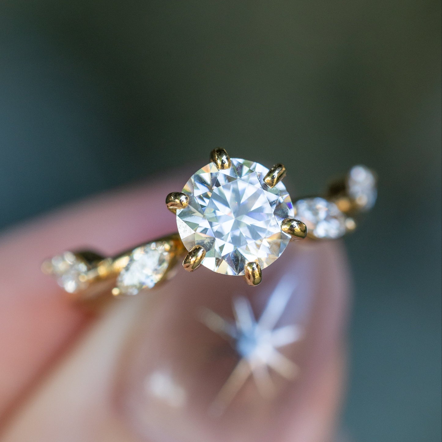 "Flora" - Round Cut Moissanite Engagement Ring With Marquise Cut Diamond Accents - 14K Yellow Gold - Size 4 1/2