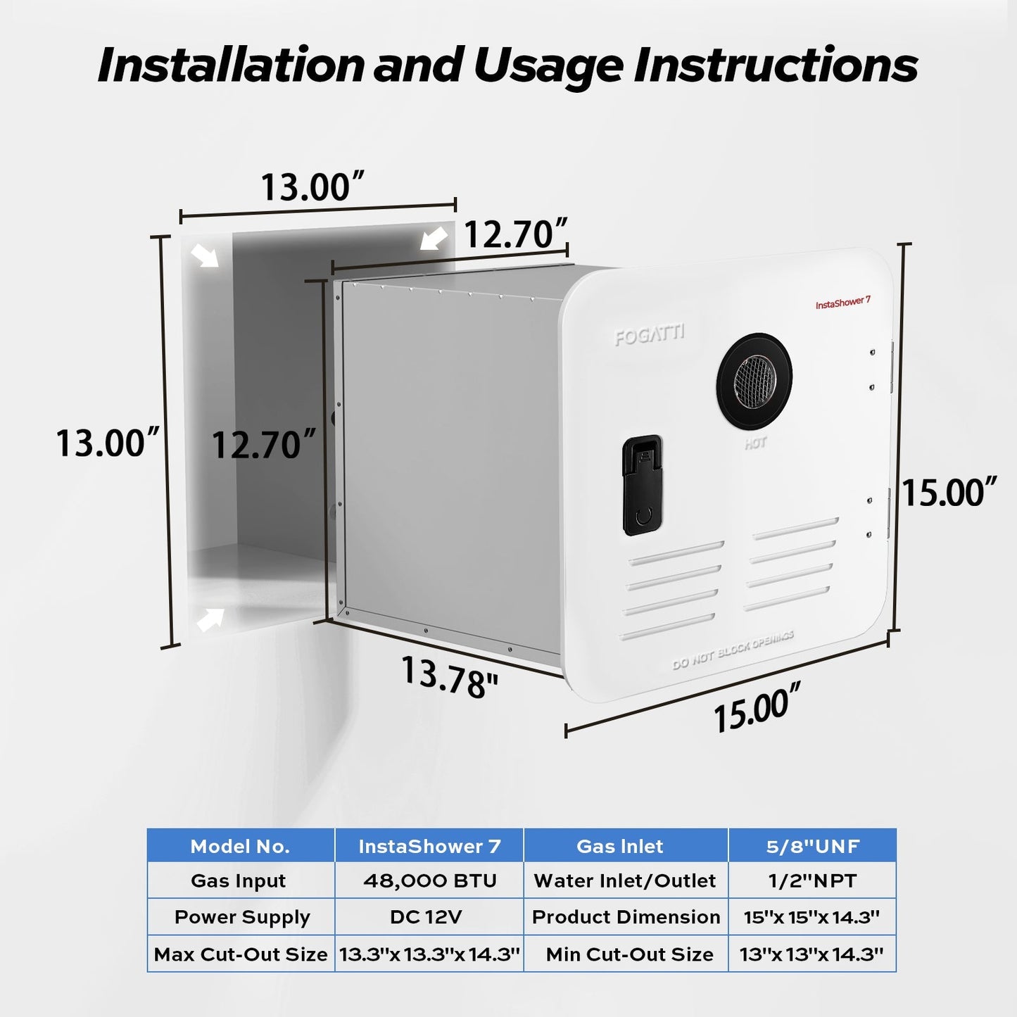 Fogatti InstaShower 7, 48,000 BTU RV Tankless Water Heater with Door