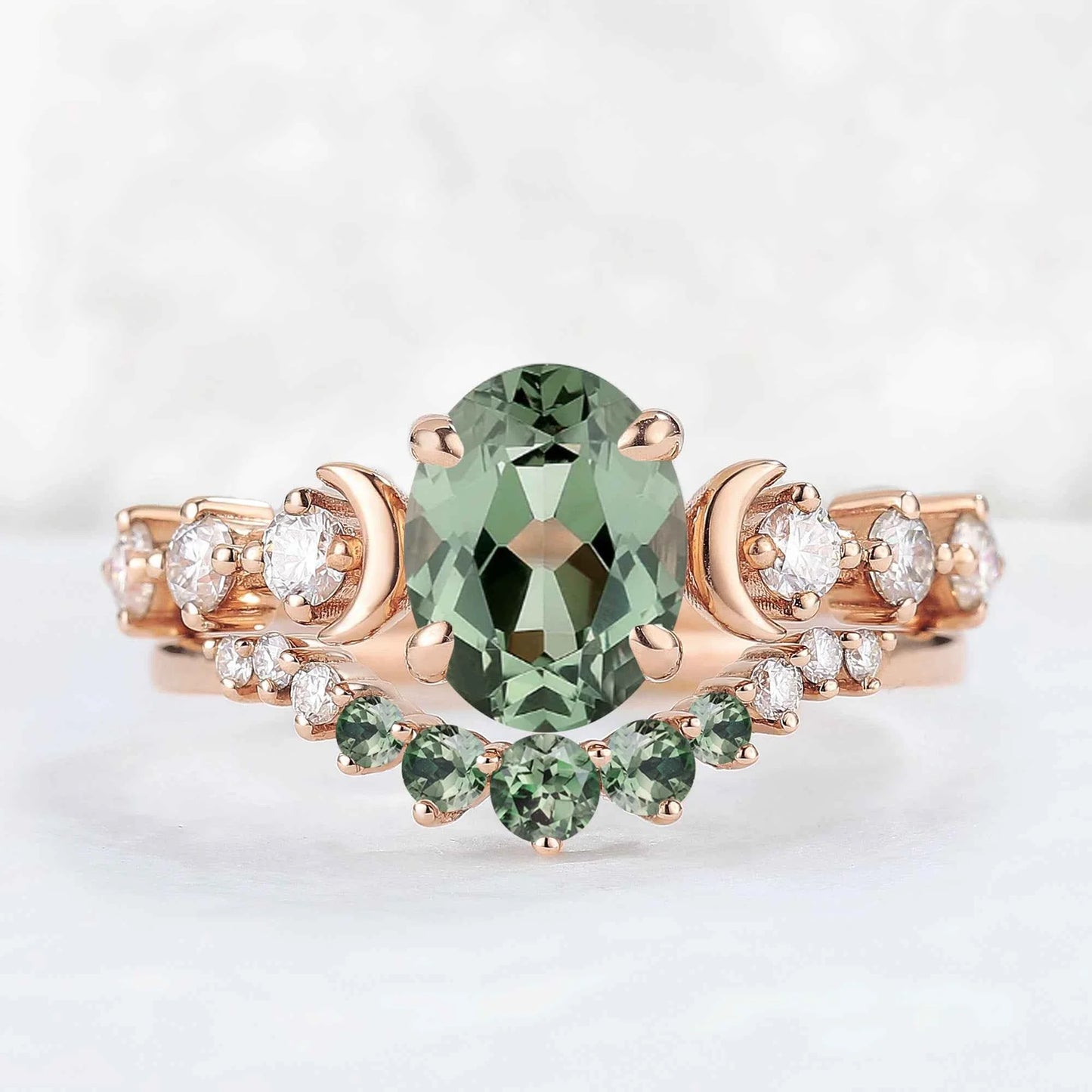 IverJewelry Oval Green Sapphire Moon Seven Stone Gemstone Ring Set 2pcs