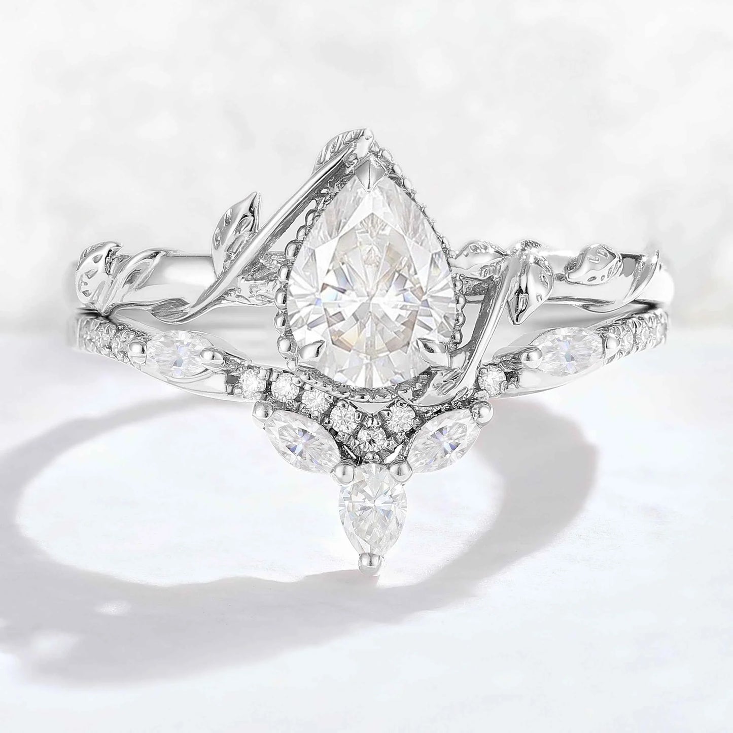 Iver Jewelry Nature Pear Shaped Moissanite Leaf Gemstone Ring Set 2pcs