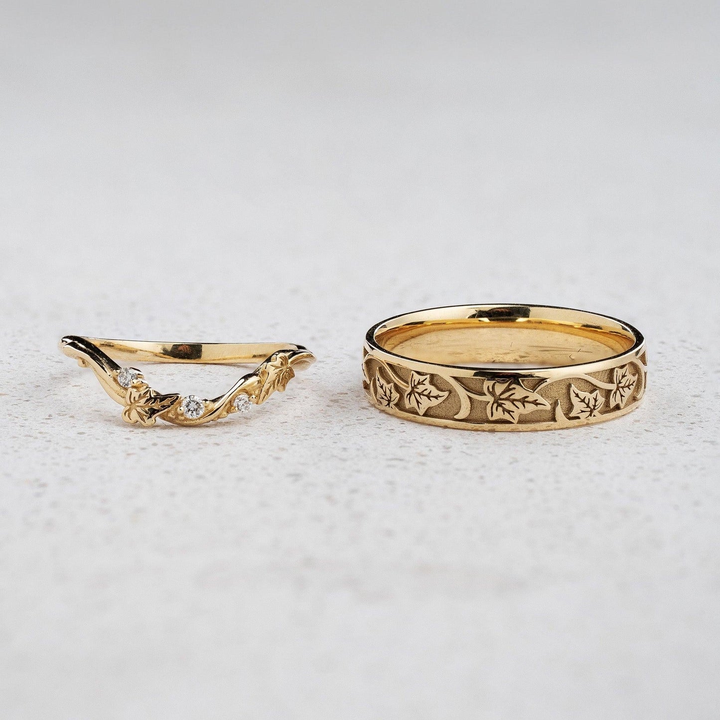 Evergreen Vows Matching Band Set – Engraved Ivy Leaves