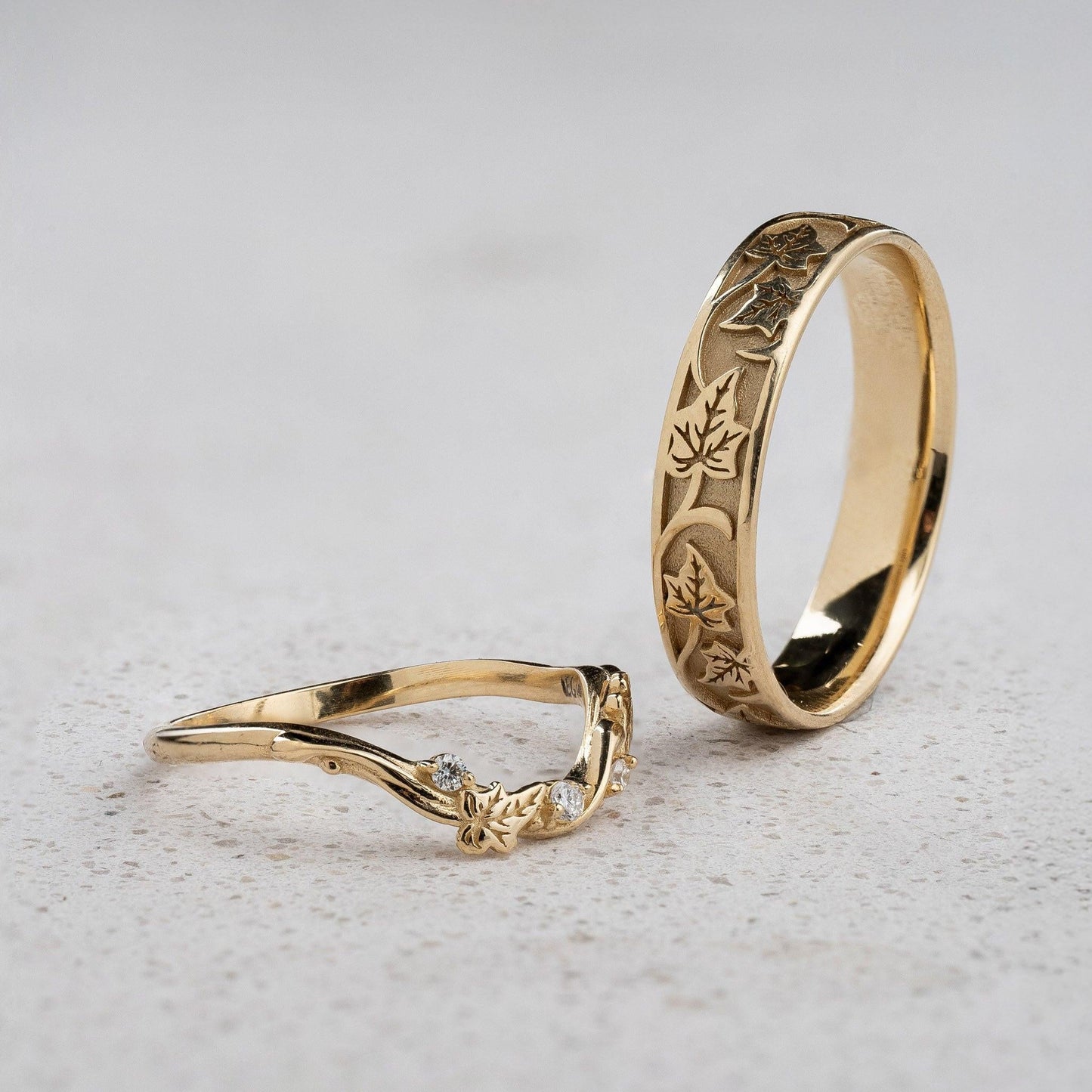Evergreen Vows Matching Band Set – Engraved Ivy Leaves
