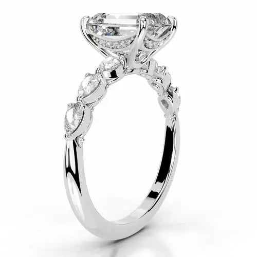 Sublime Solarii Moissanite 2.0ct Emerald Cut 925 Sterling Side Stone Engagement Ring