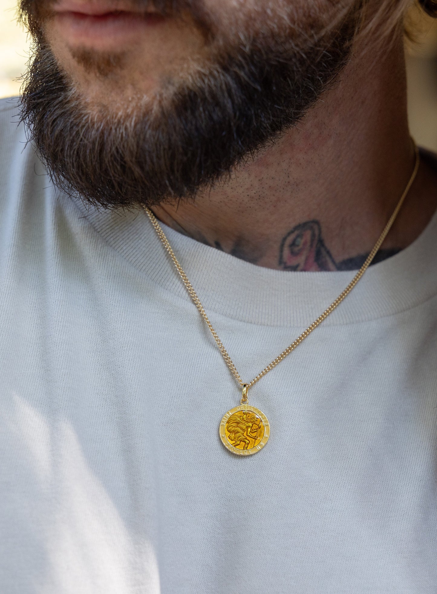 Vermeil Gold Saffron Yellow Enamel Saint Christopher Medal Necklace for Men