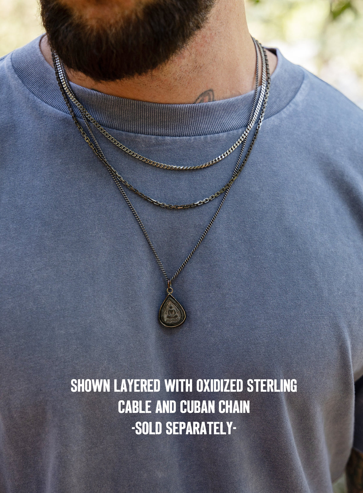 Oxidized Drop Sitting Buddha Pendant on 2mm Curb Chain