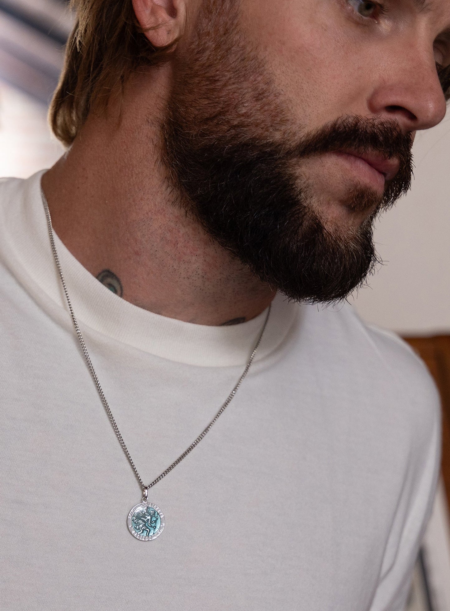 Sterling Silver Blue Enamel Saint Christopher Medal Necklace for Men