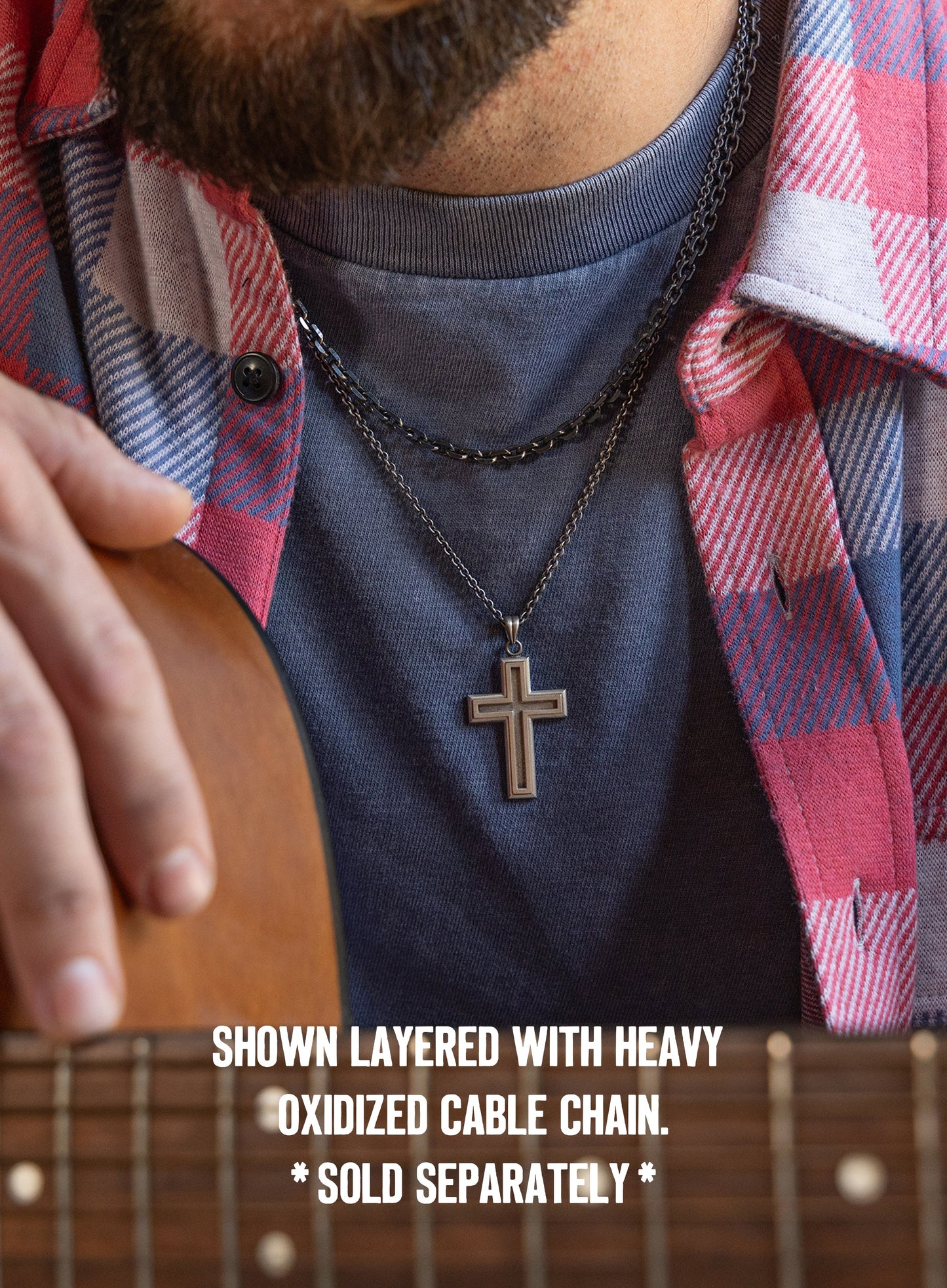 925 Oxidized Sterling Silver Outline Cross Necklace for Men
