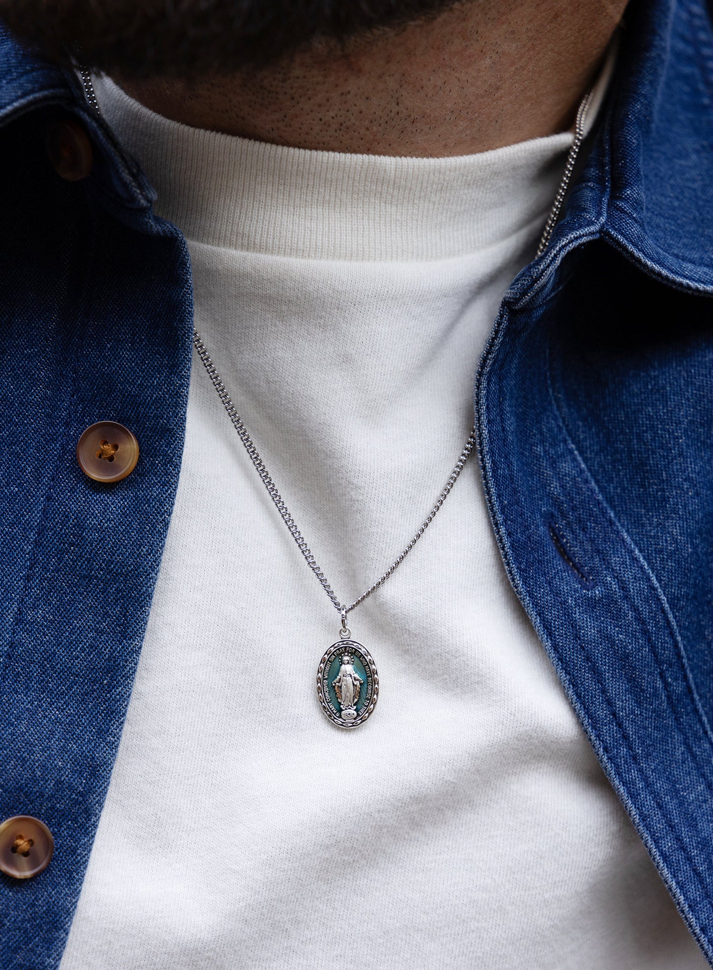 Sterling Silver Enamel Miraculous Medal Oval Pendant for Men