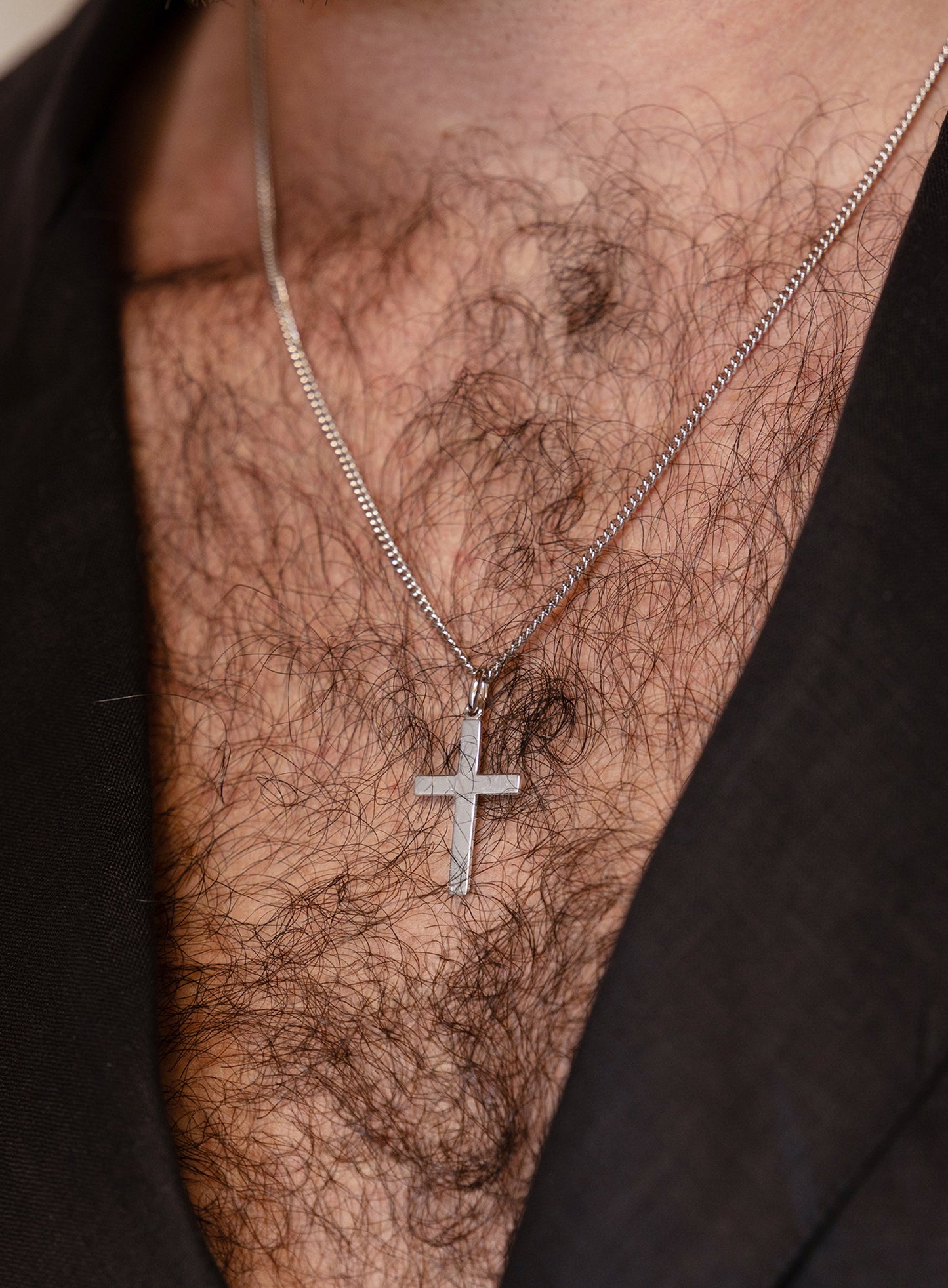 Large 925 Sterling Silver Cross on Sterling Rhodium Coated Curb Chain