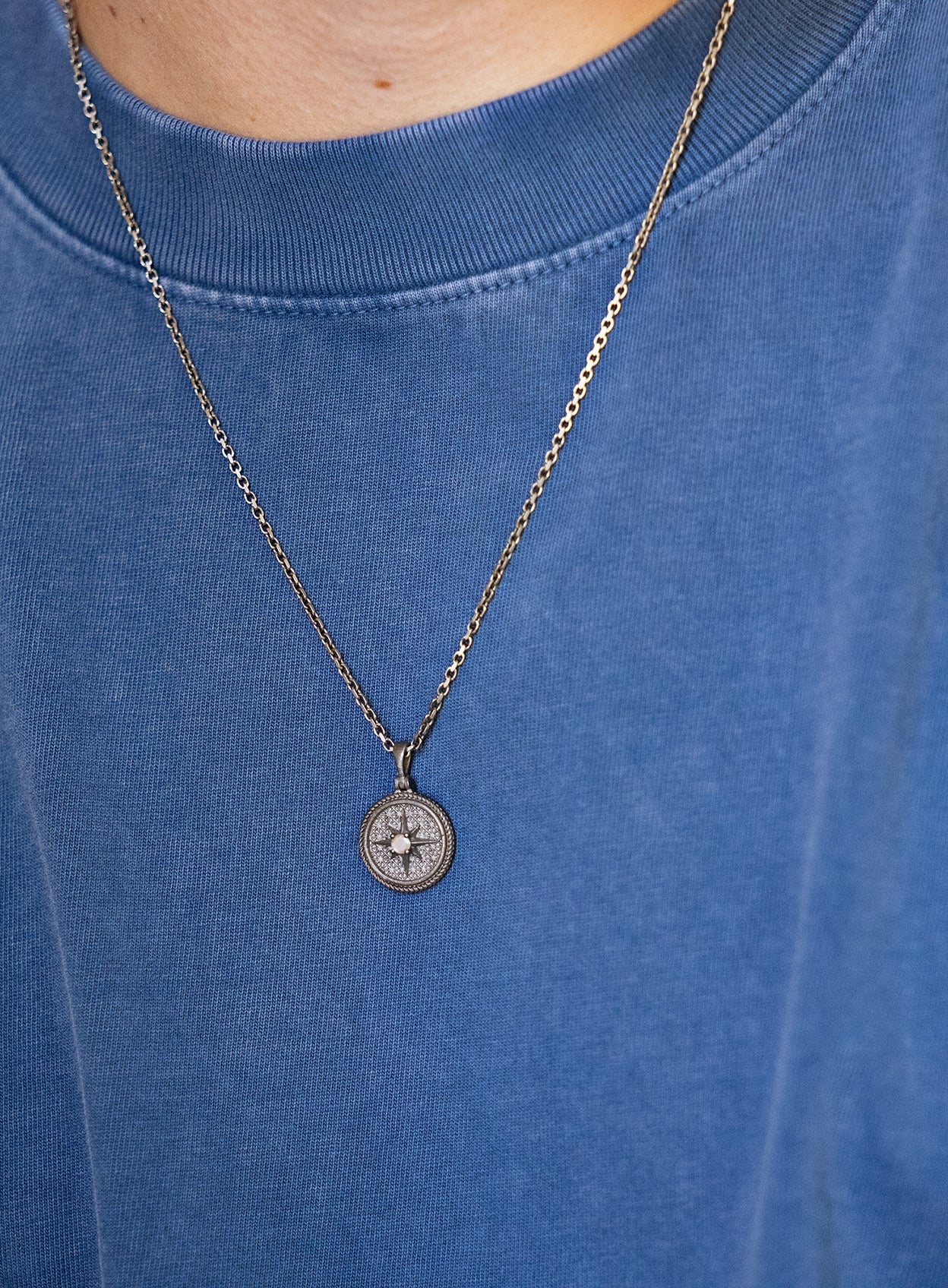 Oxidized Sterling Silver Compass Pendant Necklace for Men
