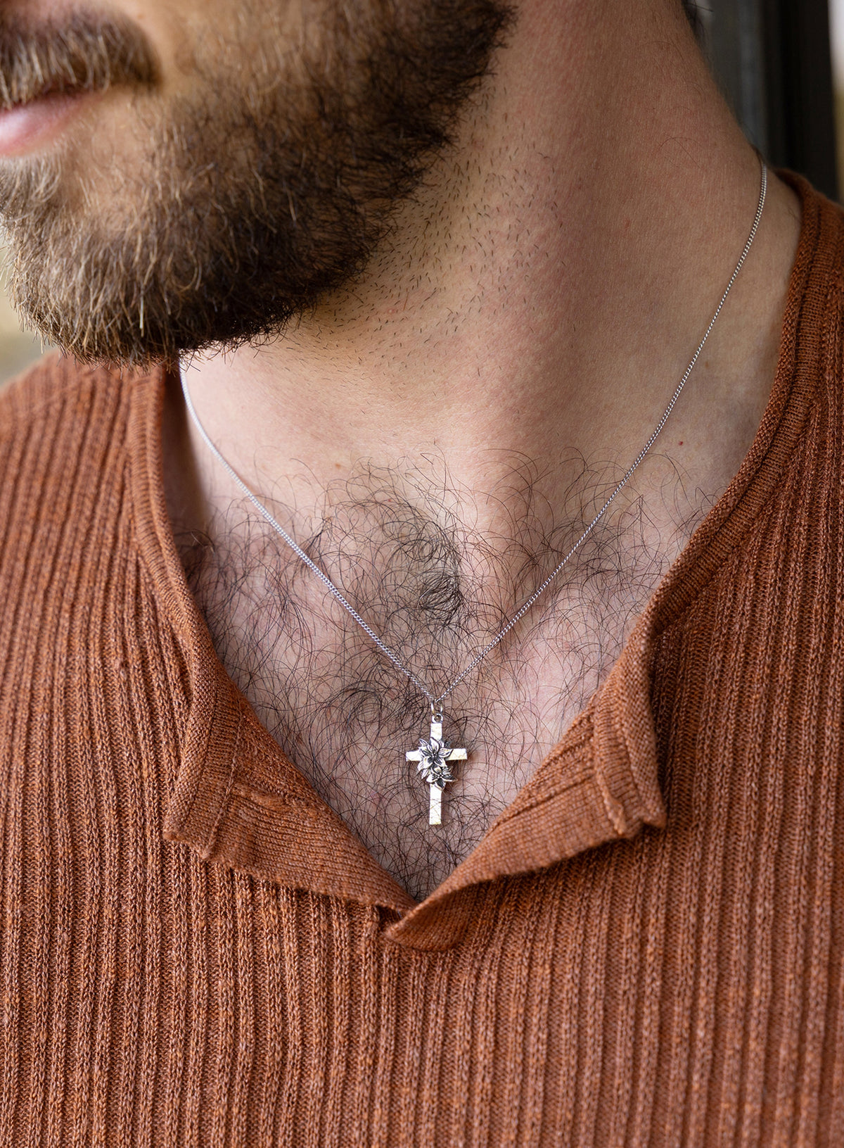 Sterling Silver Small Cross with Flowers Pendant Necklace for Men