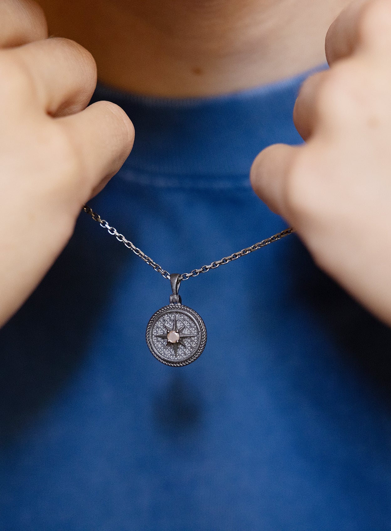 Oxidized Sterling Silver Compass Pendant Necklace for Men