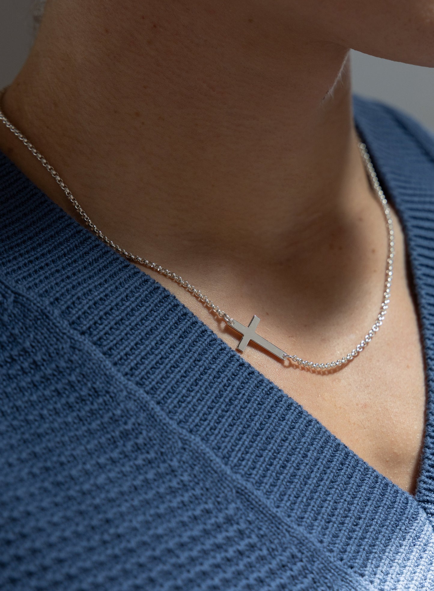 Sterling Silver Sideways Cross Pendant for Men on Rolo Chain