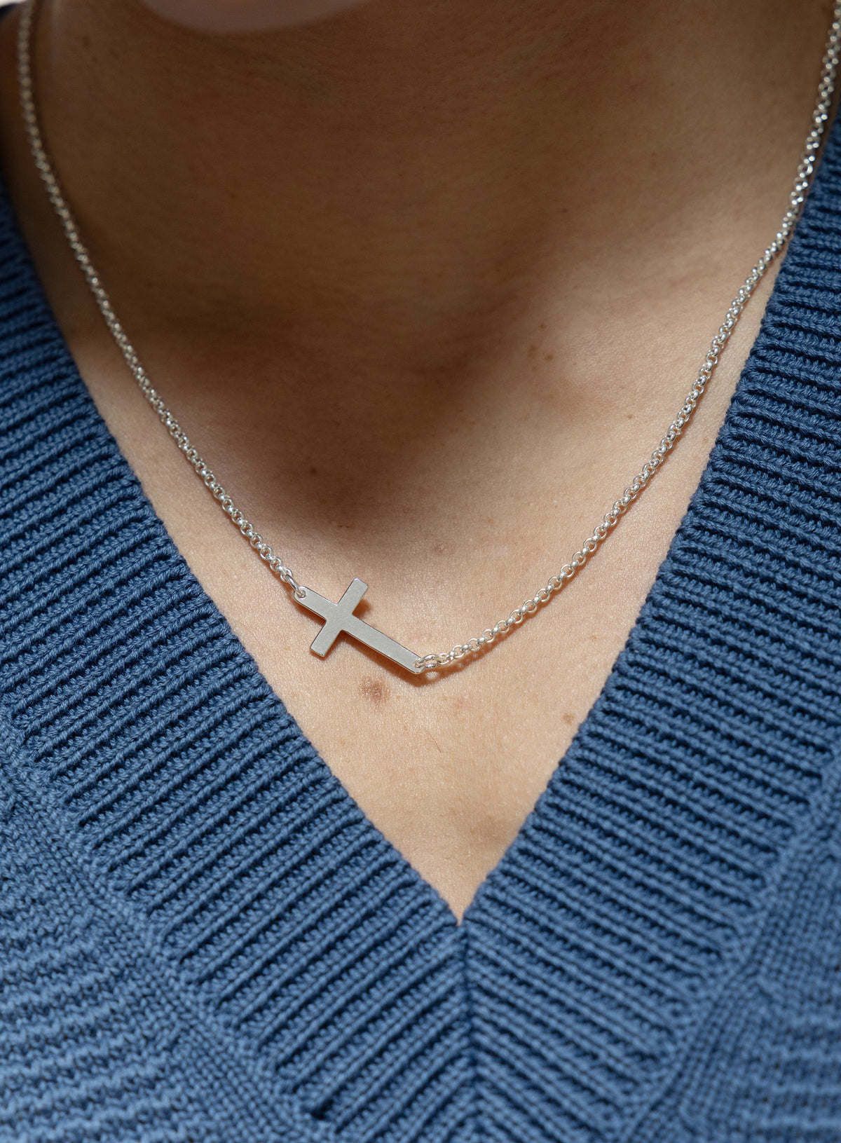 Sterling Silver Sideways Cross Pendant for Men on Rolo Chain