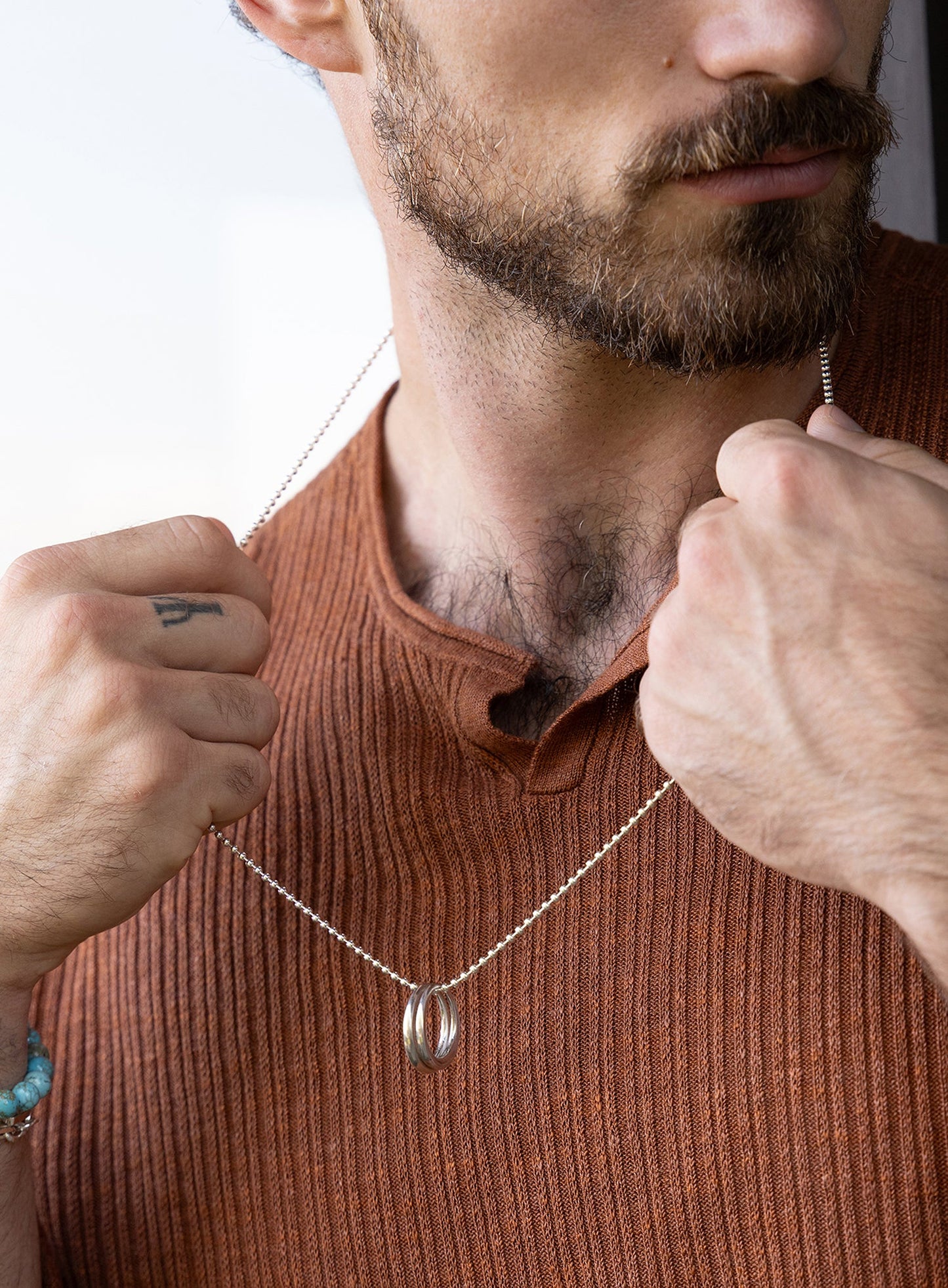 Sterling Silver Double Rings Ball Chain Necklace for Men